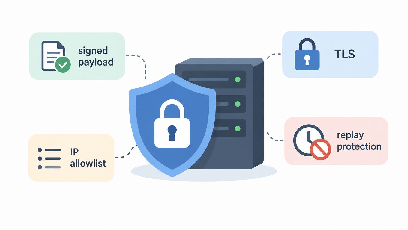 A secure server illustration representing webhook security features like signed payloads, TLS, IP allowlists, and replay protection.