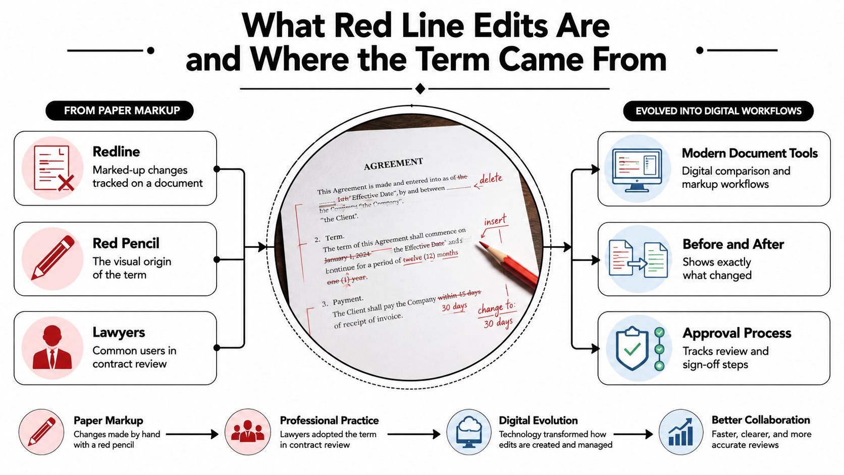 A diagram explaining the origin of red line edits from paper markups to digital document workflows.