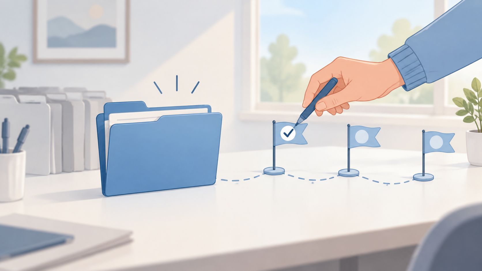 A hand using a pen to mark a checklist on a blue folder representing compliance progress
