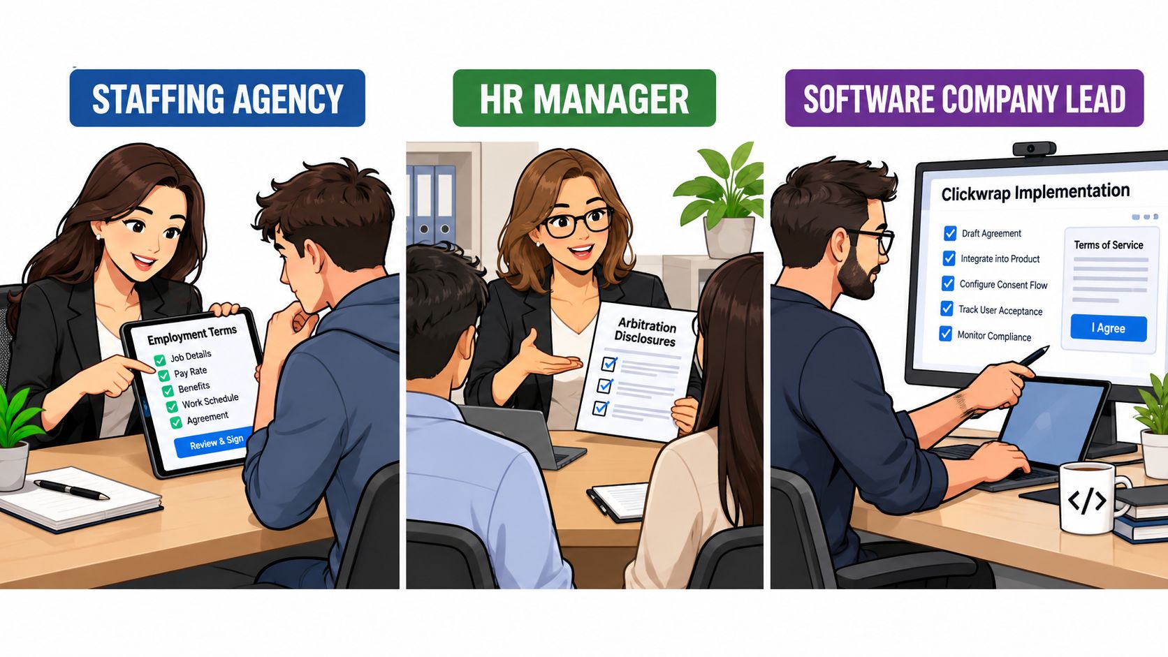 A split image illustrating the use of clickwrap agreements by staffing agencies, HR managers, and software leads.