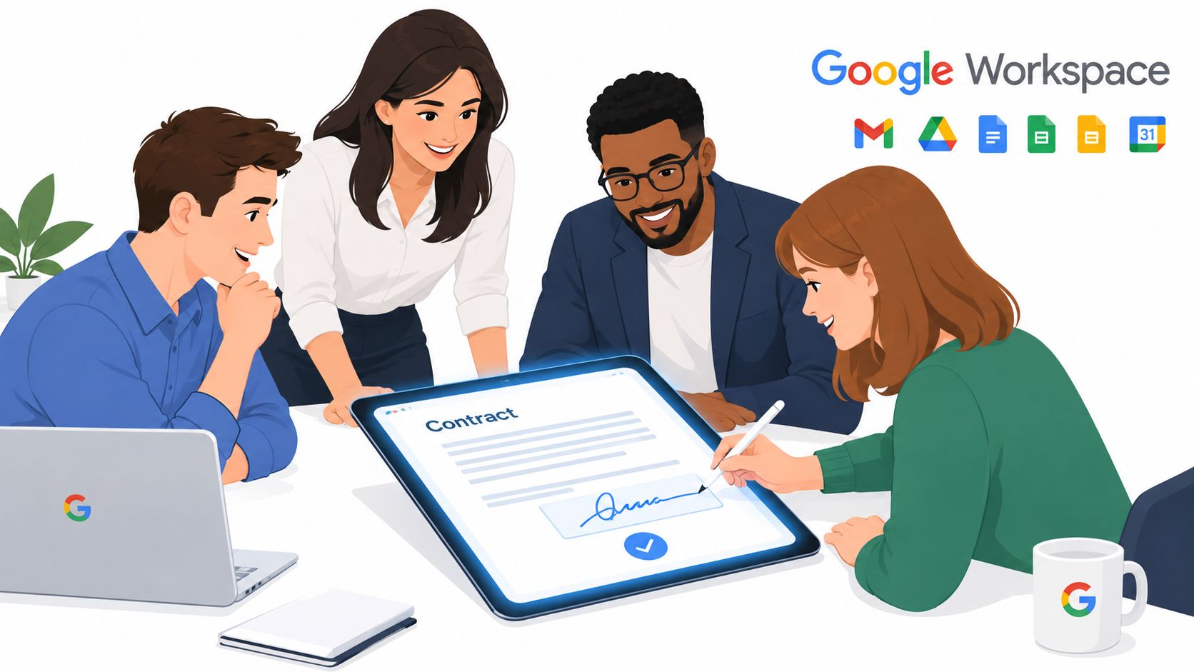 A diverse group of professionals working together on a digital contract on a tablet in an office.