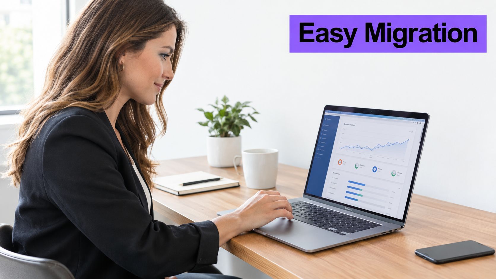 A businesswoman working on a laptop at her desk with Easy Migration text overlay.