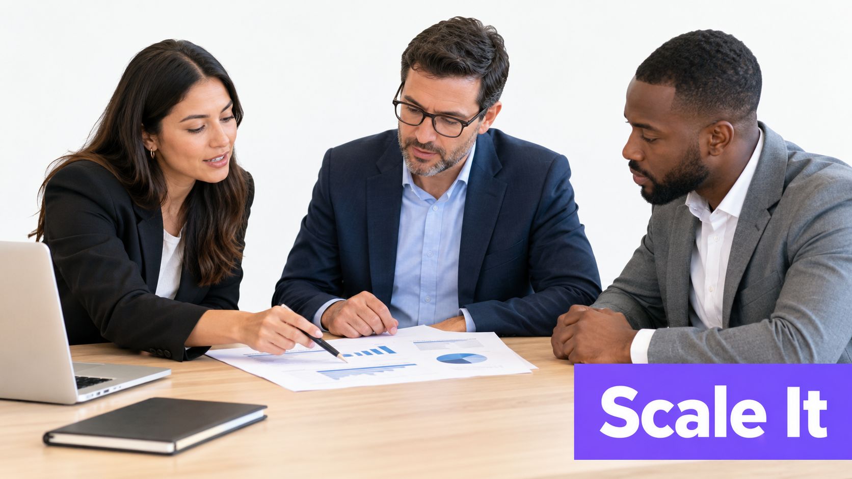 A professional business team analyzing financial charts on a document during a collaborative corporate meeting.
