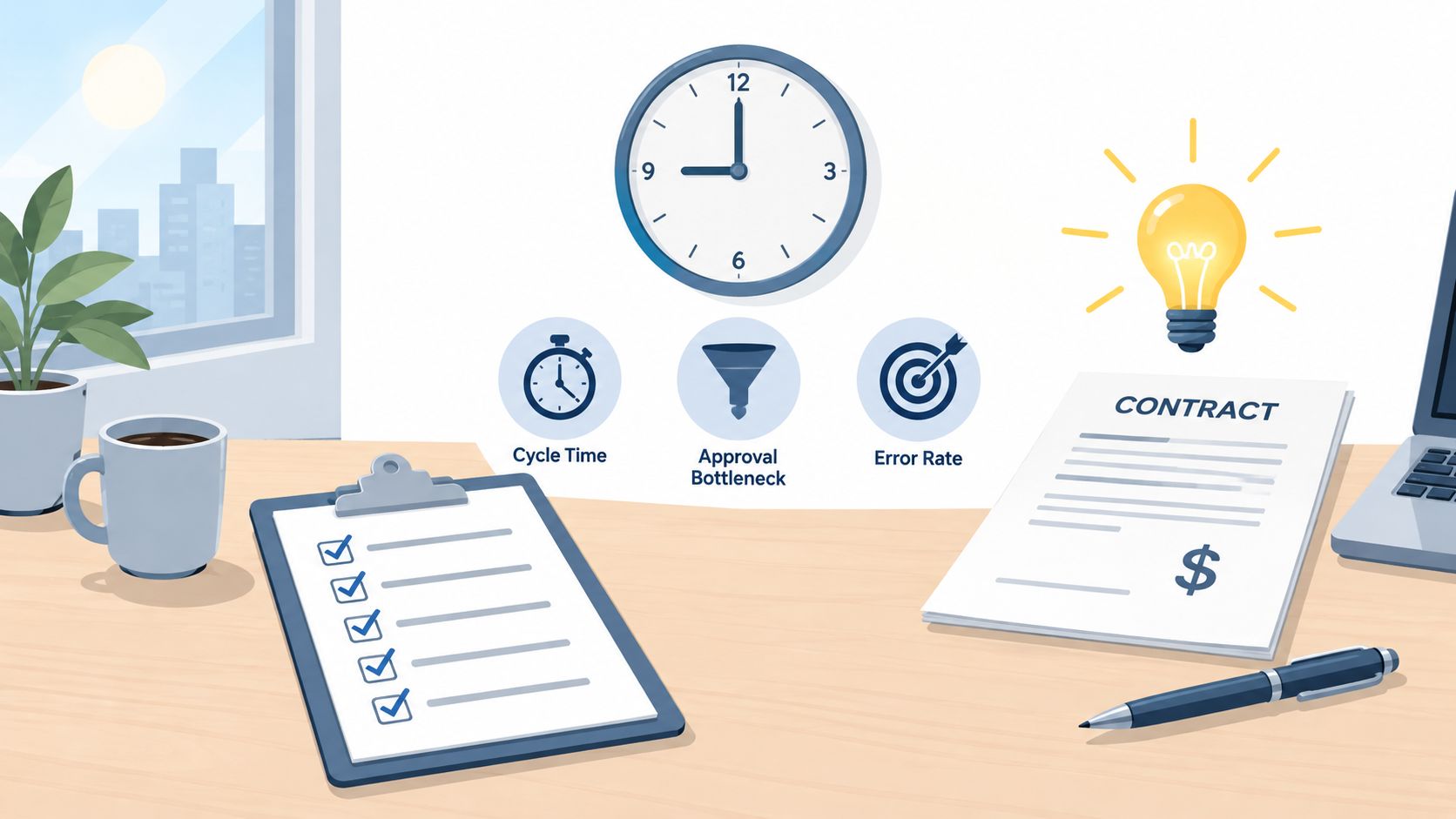 A digital illustration of an office desk with a contract, checklist, and icons representing workflow metrics.