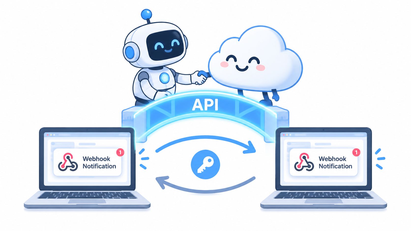 A robot and a cloud character shake hands over an API bridge connecting two laptops showing webhook notifications.