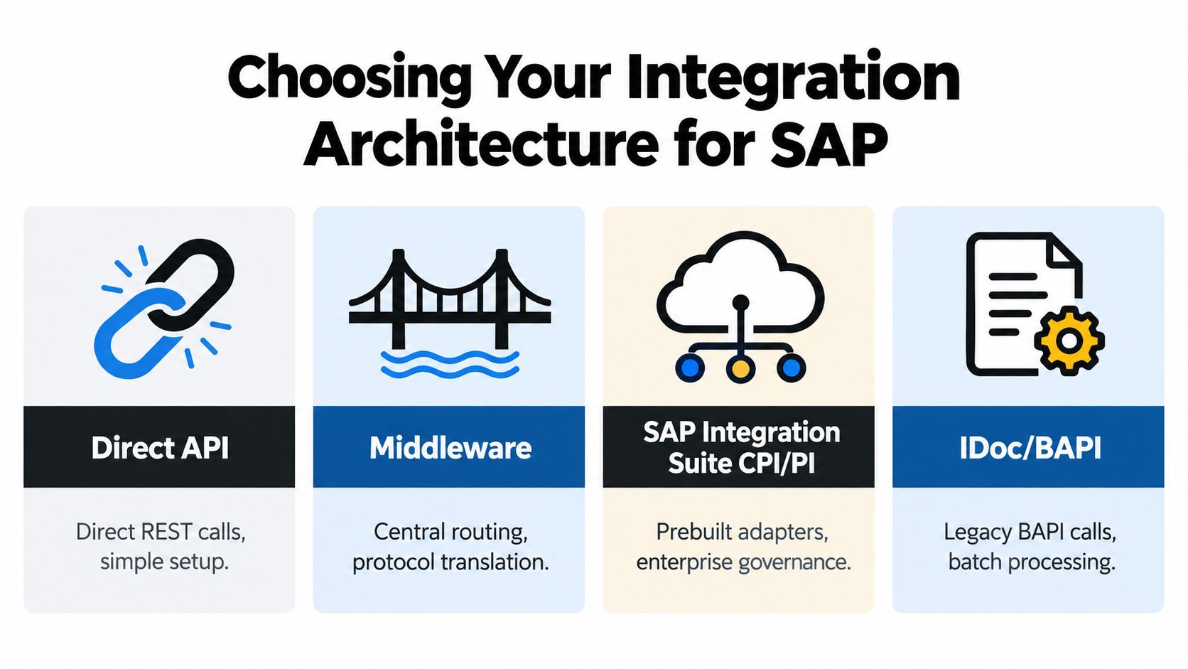 An infographic showing four integration architecture options for SAP, including Direct API, Middleware, SAP Integration Suite, and IDoc/BAPI.