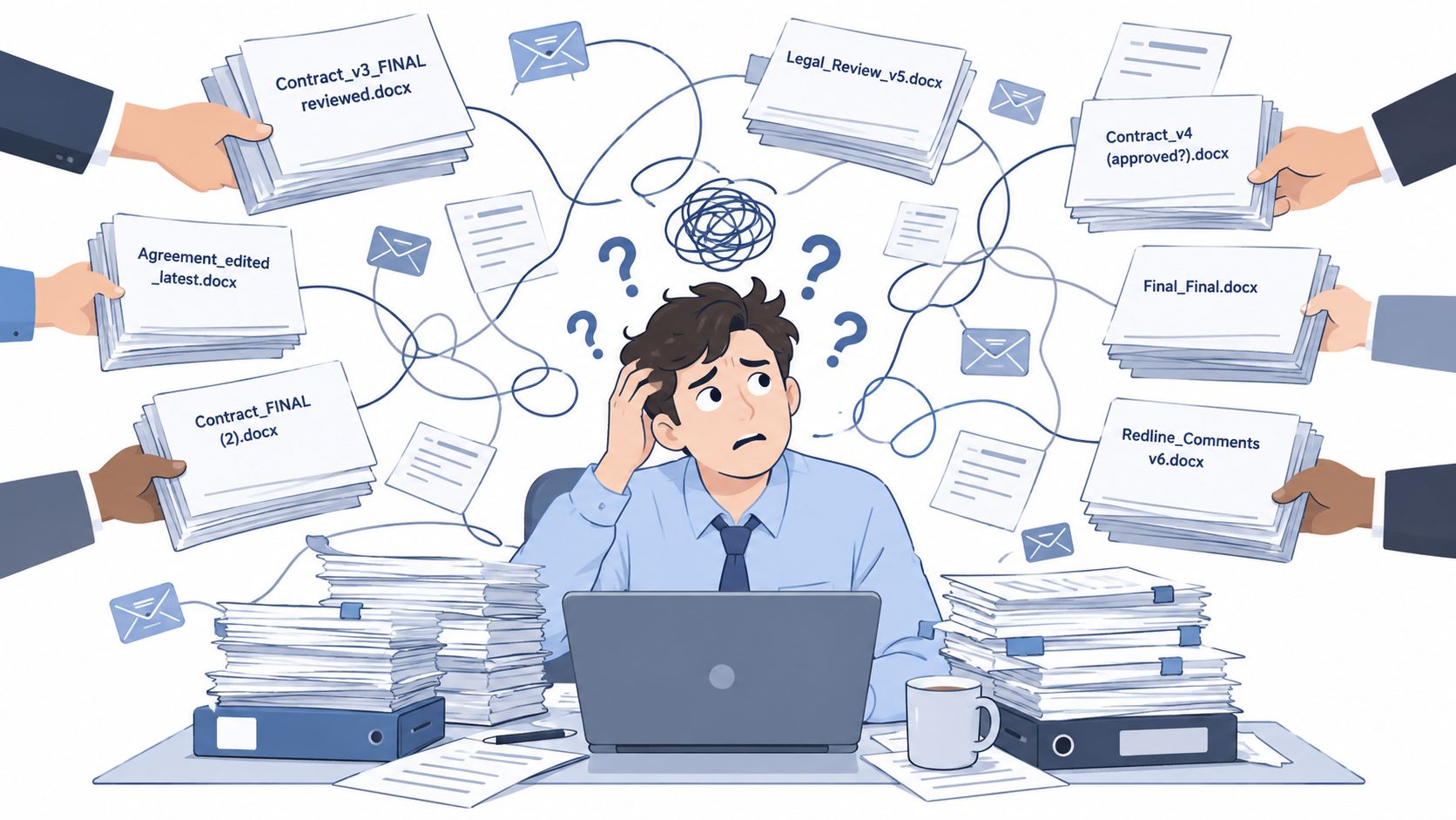 An overwhelmed office worker struggling with too many conflicting document versions and chaotic paperwork at their desk.