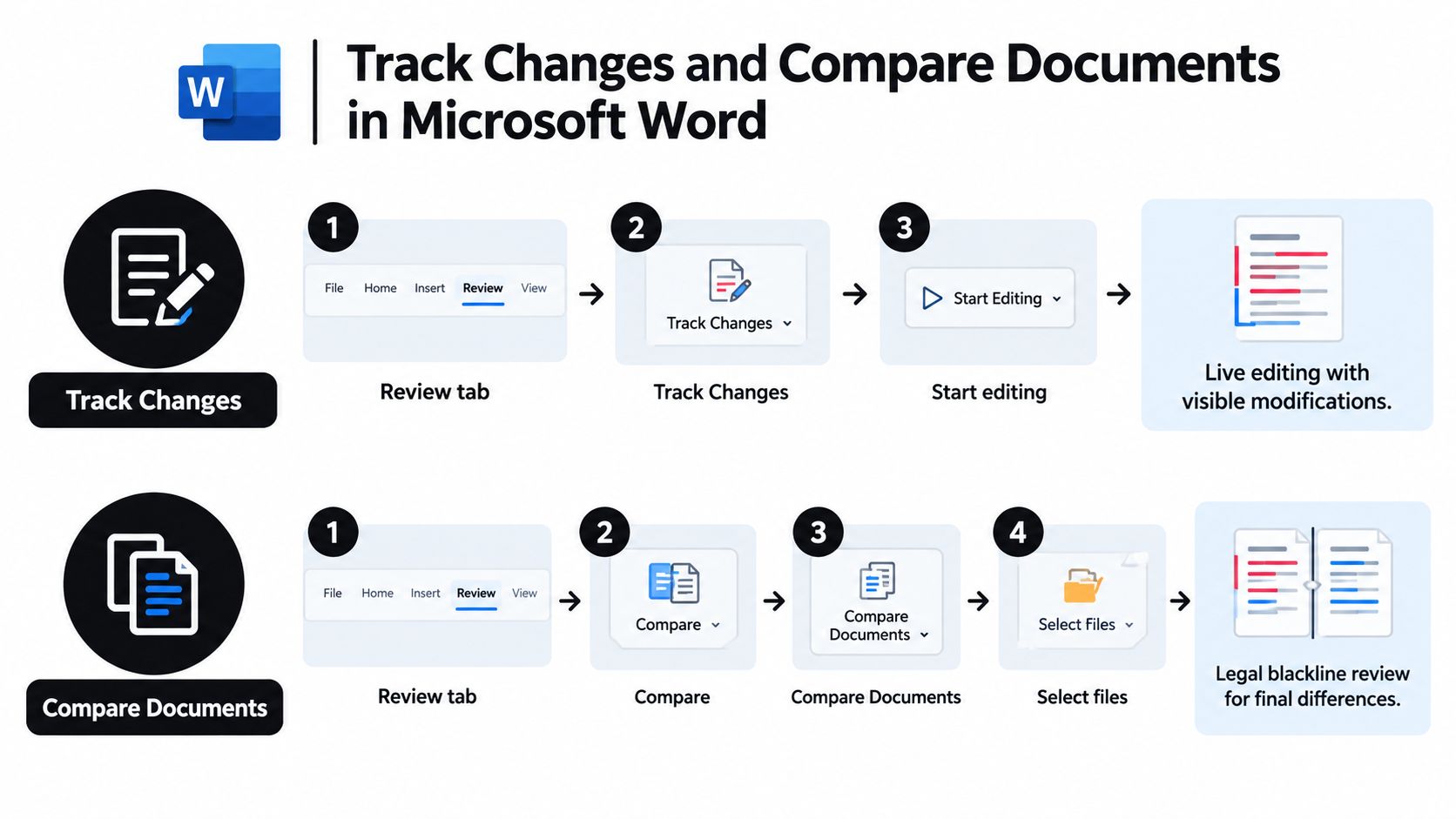 A visual guide showing steps to track changes and compare documents in Microsoft Word software.