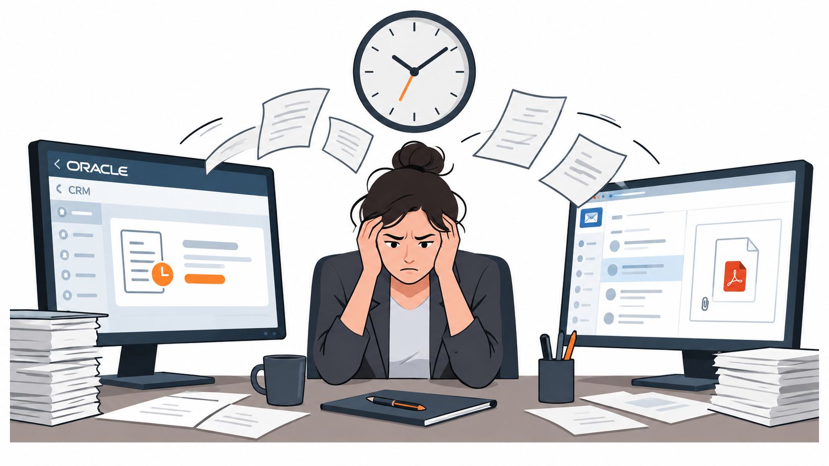 Stressed office worker overwhelmed by excessive paperwork and digital tasks while working at her dual monitor desk.