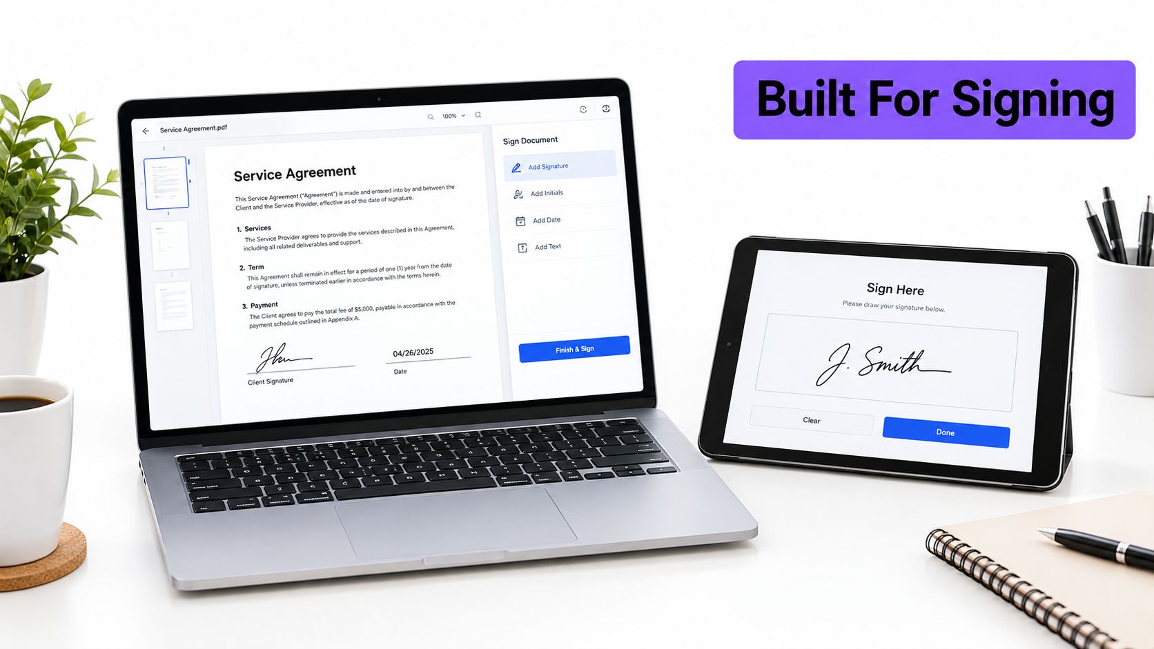 A laptop and tablet displaying a digital document signing interface for a service agreement on a desk.