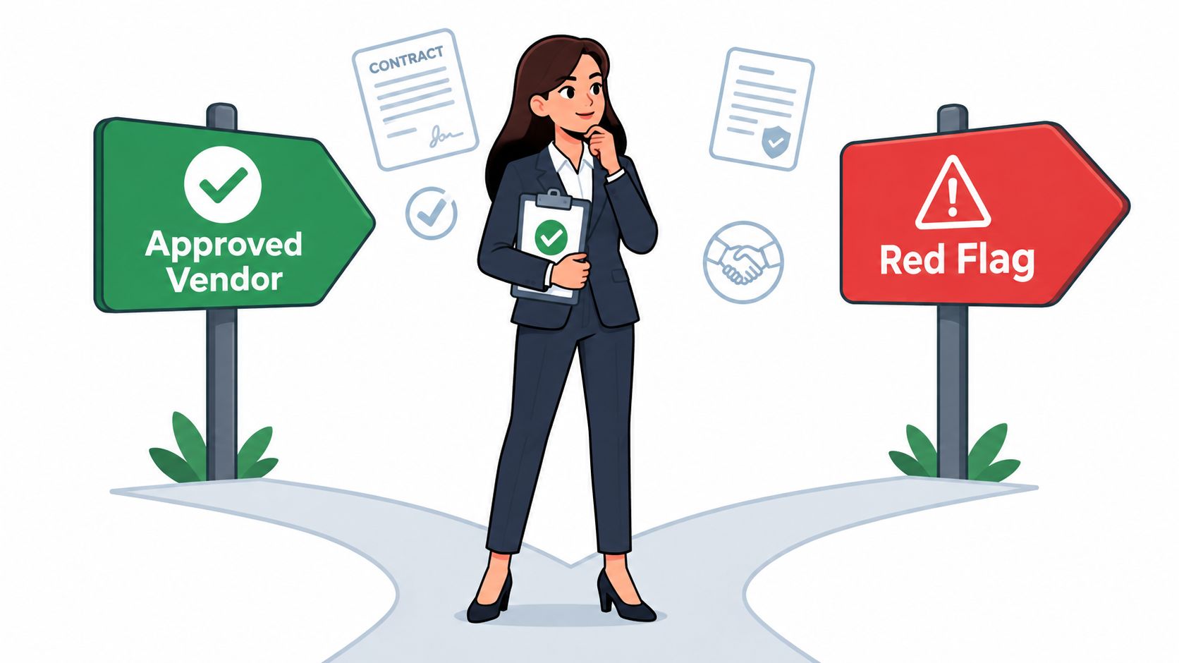 A professional woman in a suit standing at a crossroads choosing between an approved vendor and red flags.