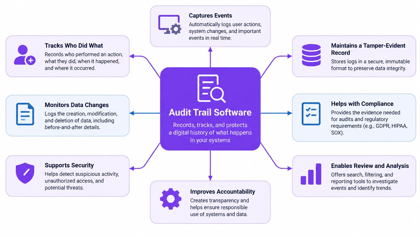 A diagram illustrating the key benefits and features of audit trail software for digital systems management.