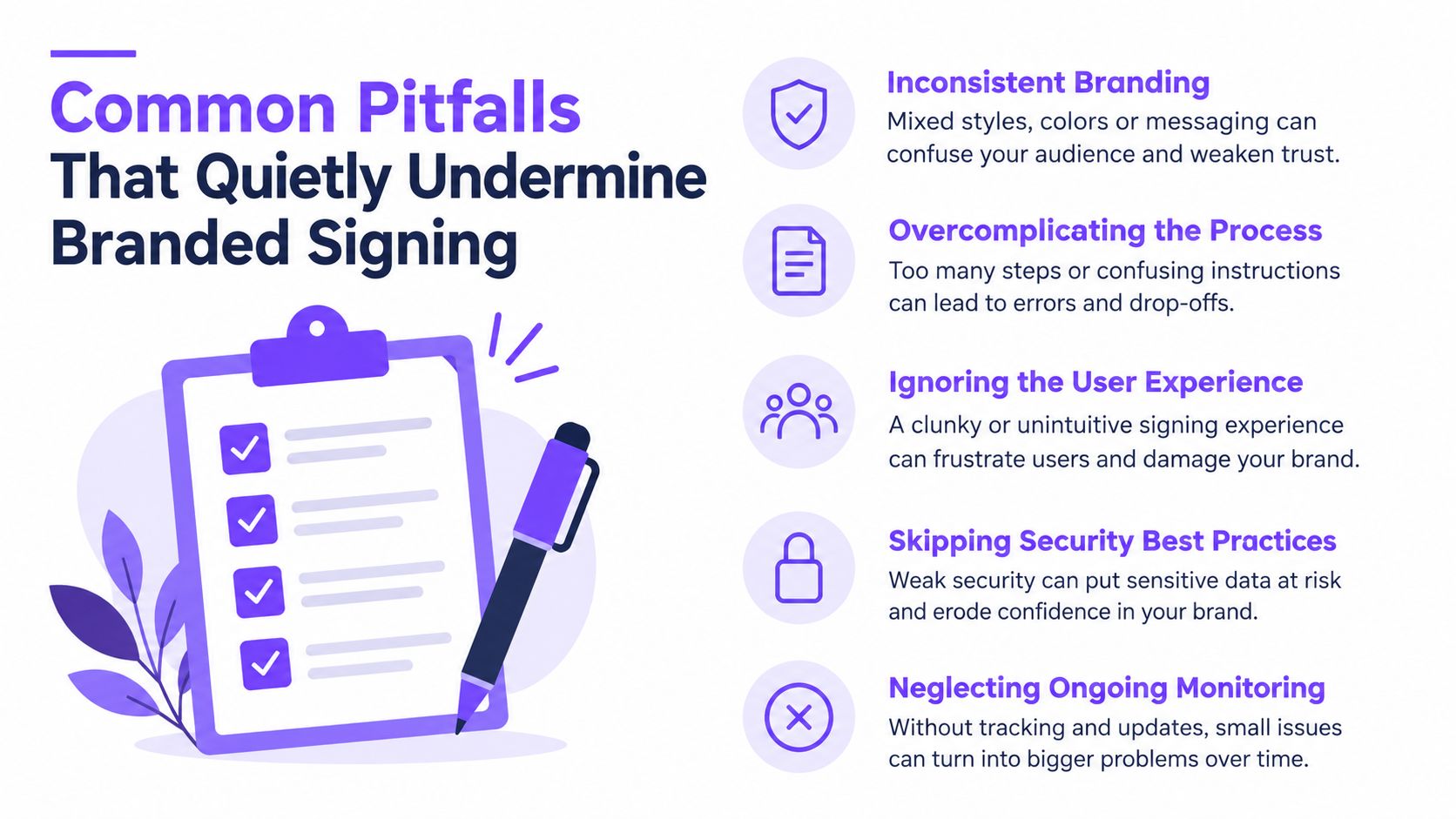 An infographic detailing five common pitfalls that can quietly undermine the effectiveness of branded digital signing experiences.