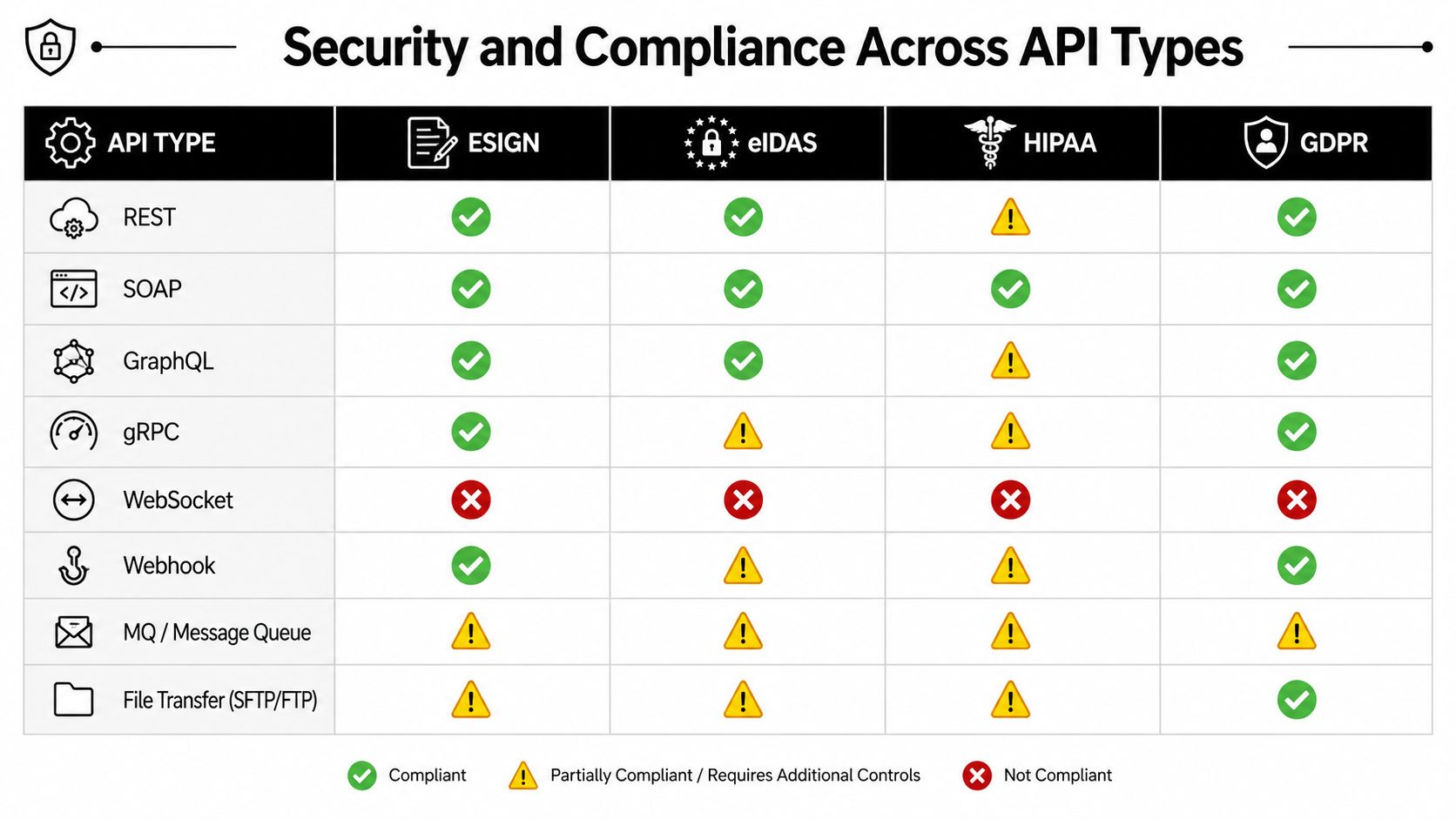 A table chart comparing security and compliance standards across different API types including REST, SOAP, GraphQL, and others.