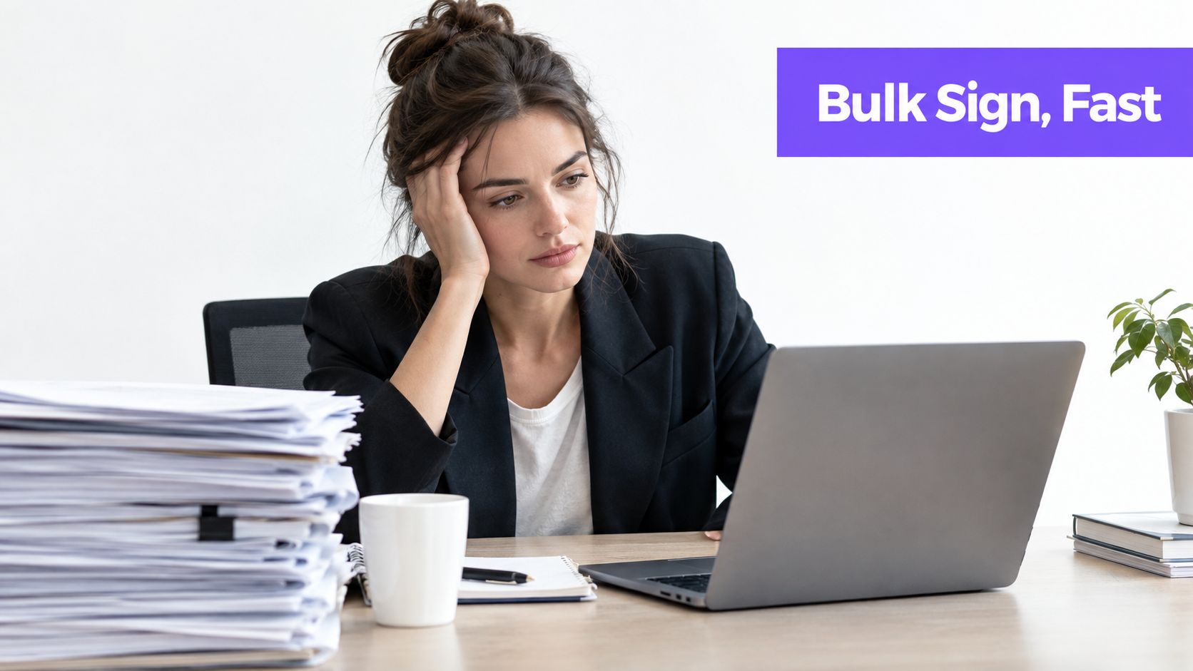 A businesswoman appearing stressed while working on her laptop next to a large pile of documents.