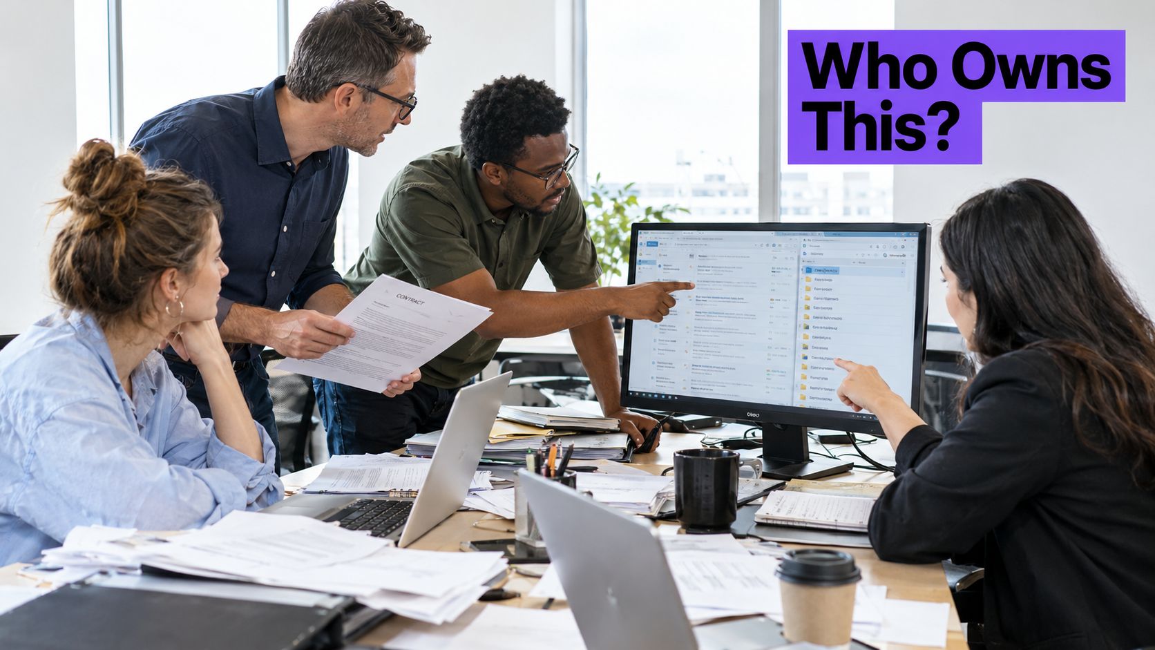 A diverse team of professionals collaborating on enterprise contract management while reviewing documents in an office.