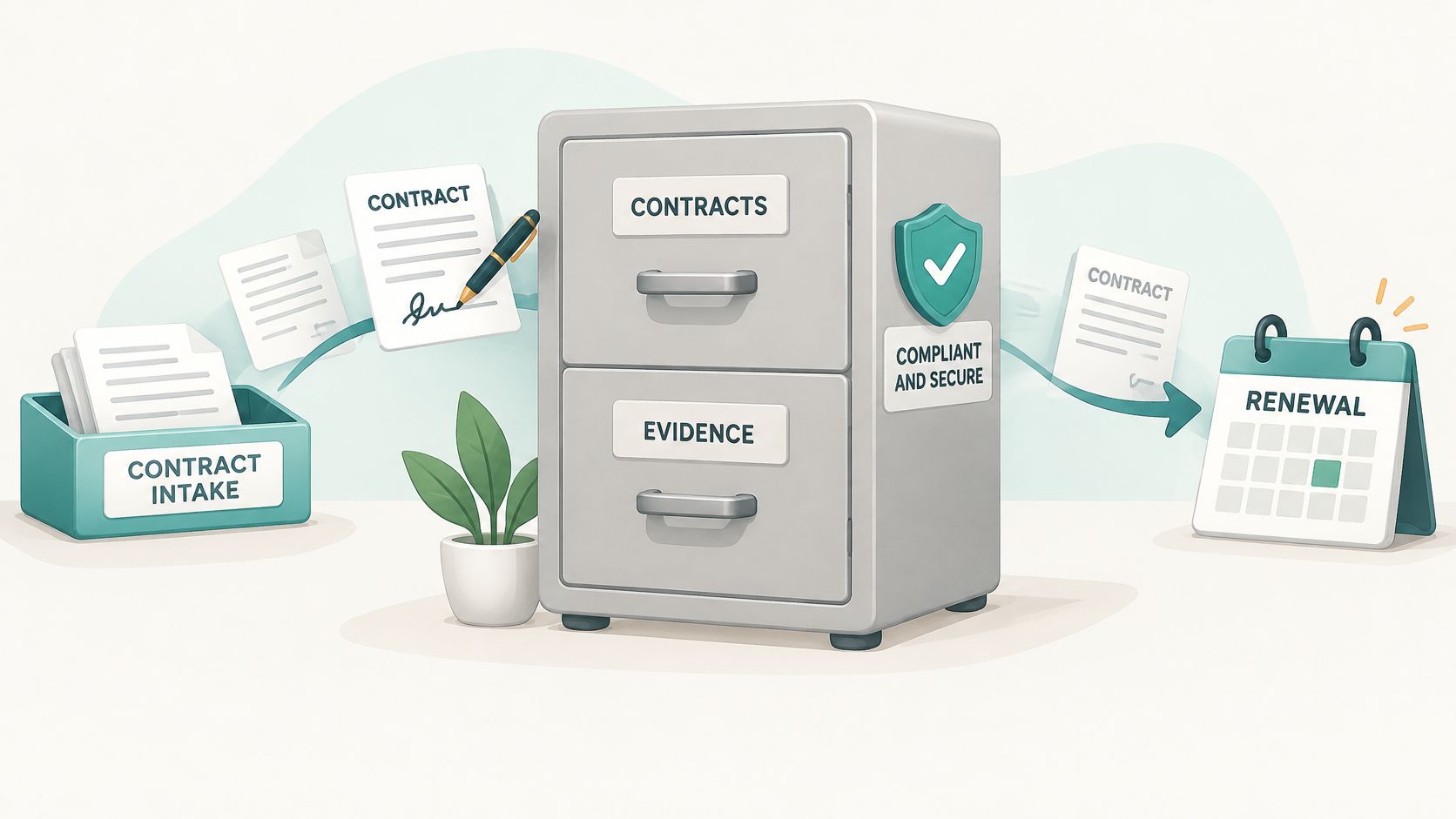 A conceptual illustration of a digital compliance management process featuring contract intake, storage, and renewal workflows.