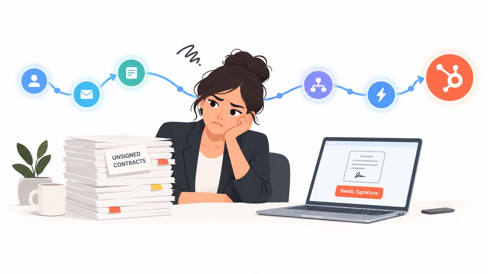 A stressed woman sitting at her desk with a large stack of unsigned contracts and a laptop.