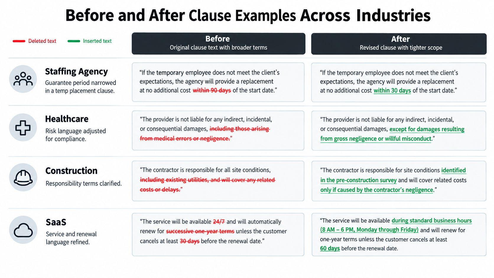 A table showing red line edits comparing original broader clauses to revised, tighter scope contract clauses.