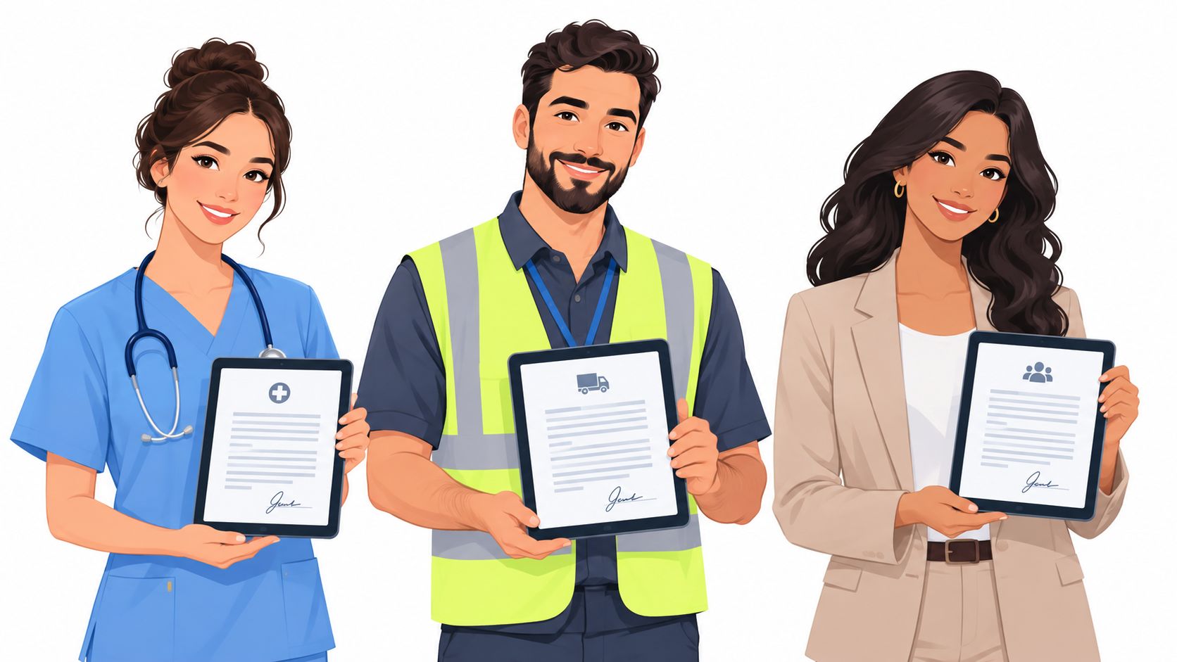 Three professionals from different sectors holding tablets displaying digital documents ready for an e-signature.