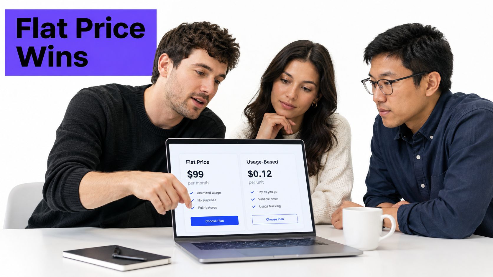 Three professional colleagues reviewing and comparing flat pricing versus usage-based pricing on a laptop screen.