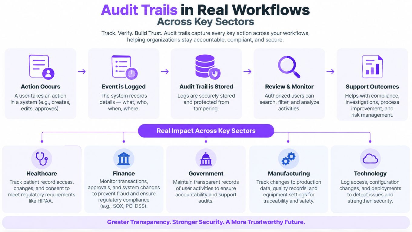A diagram illustrating the audit trail process, tracking actions, storage, monitoring, and impact across various industries.