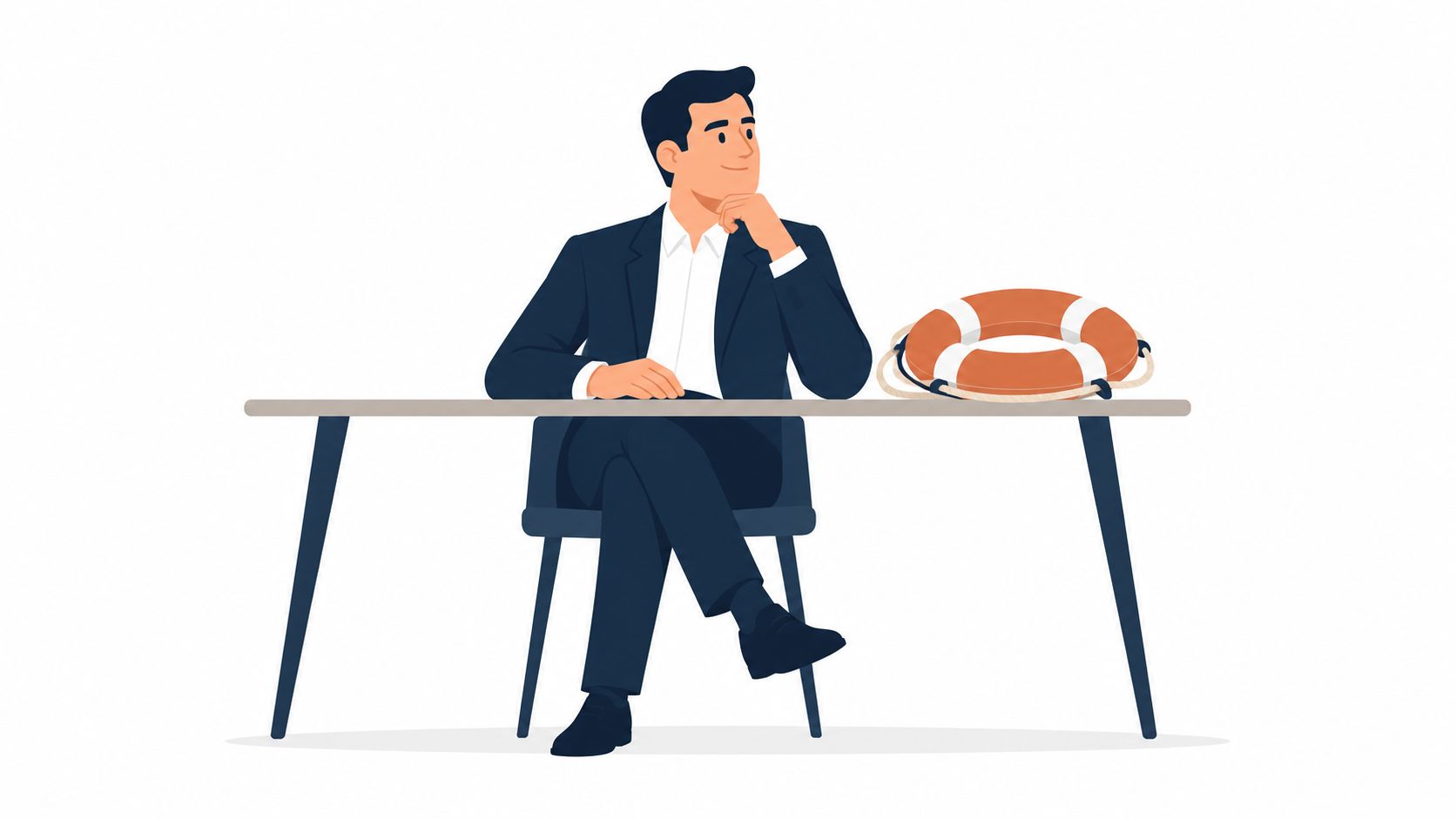 A professional man sitting at a desk with a lifebuoy, symbolizing corporate risk management and business support.