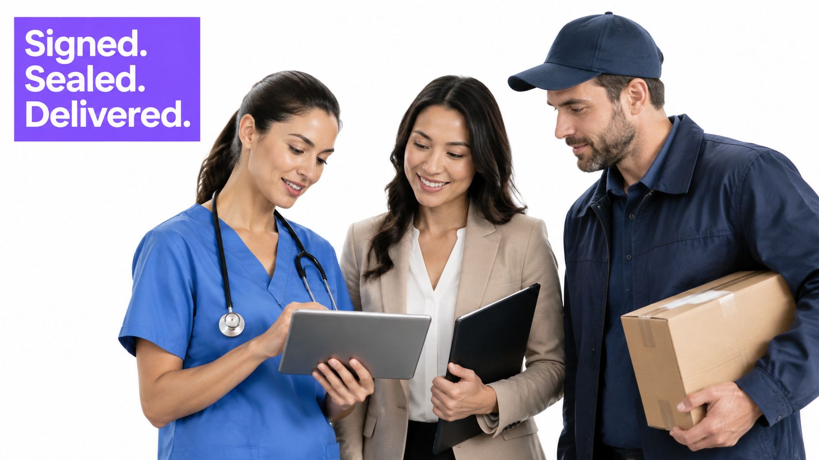 A nurse, a business woman, and a delivery driver looking at a tablet together in a studio.