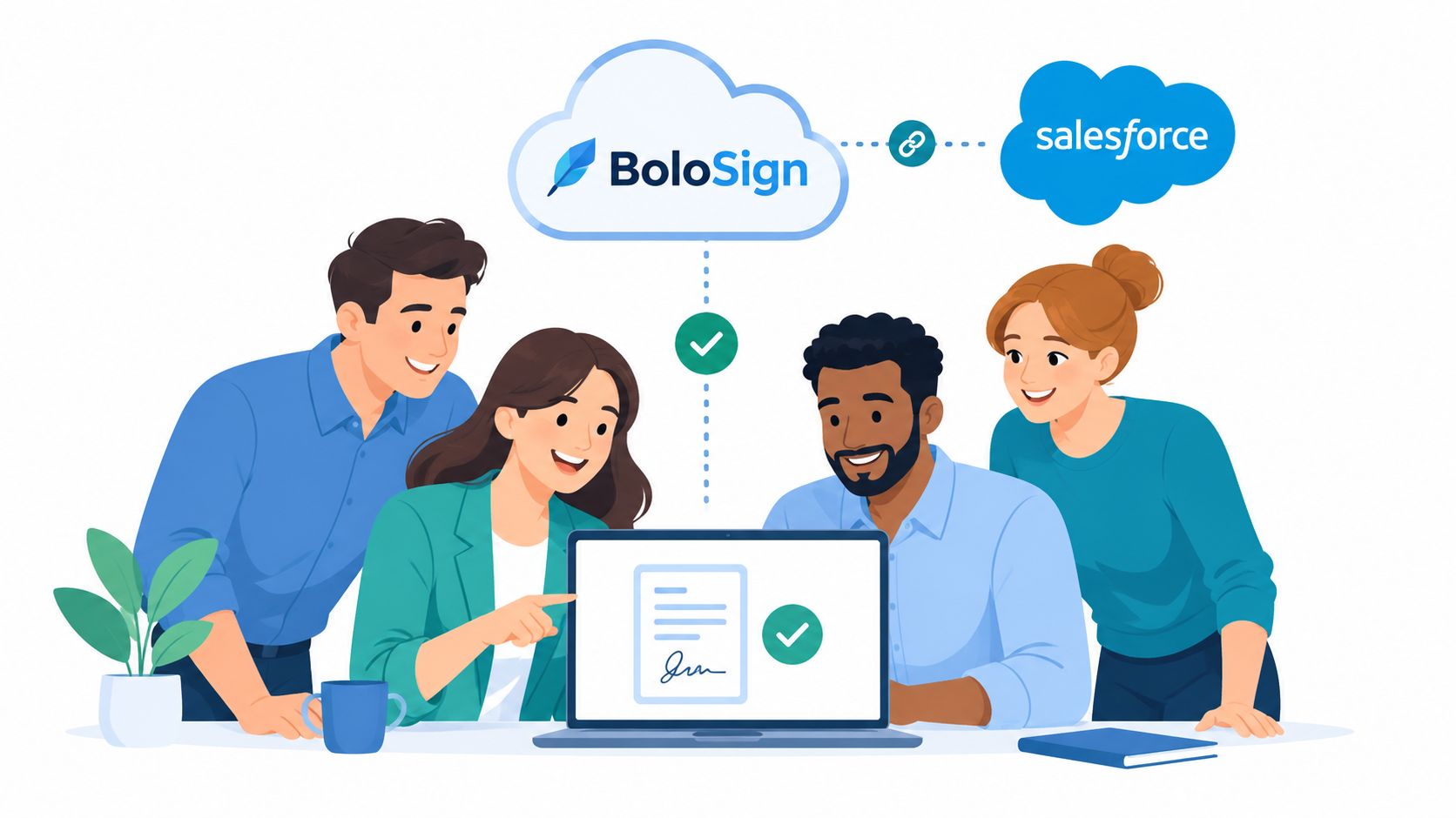 A professional team collaborating on a document using BoloSign and Salesforce integration on a laptop screen.