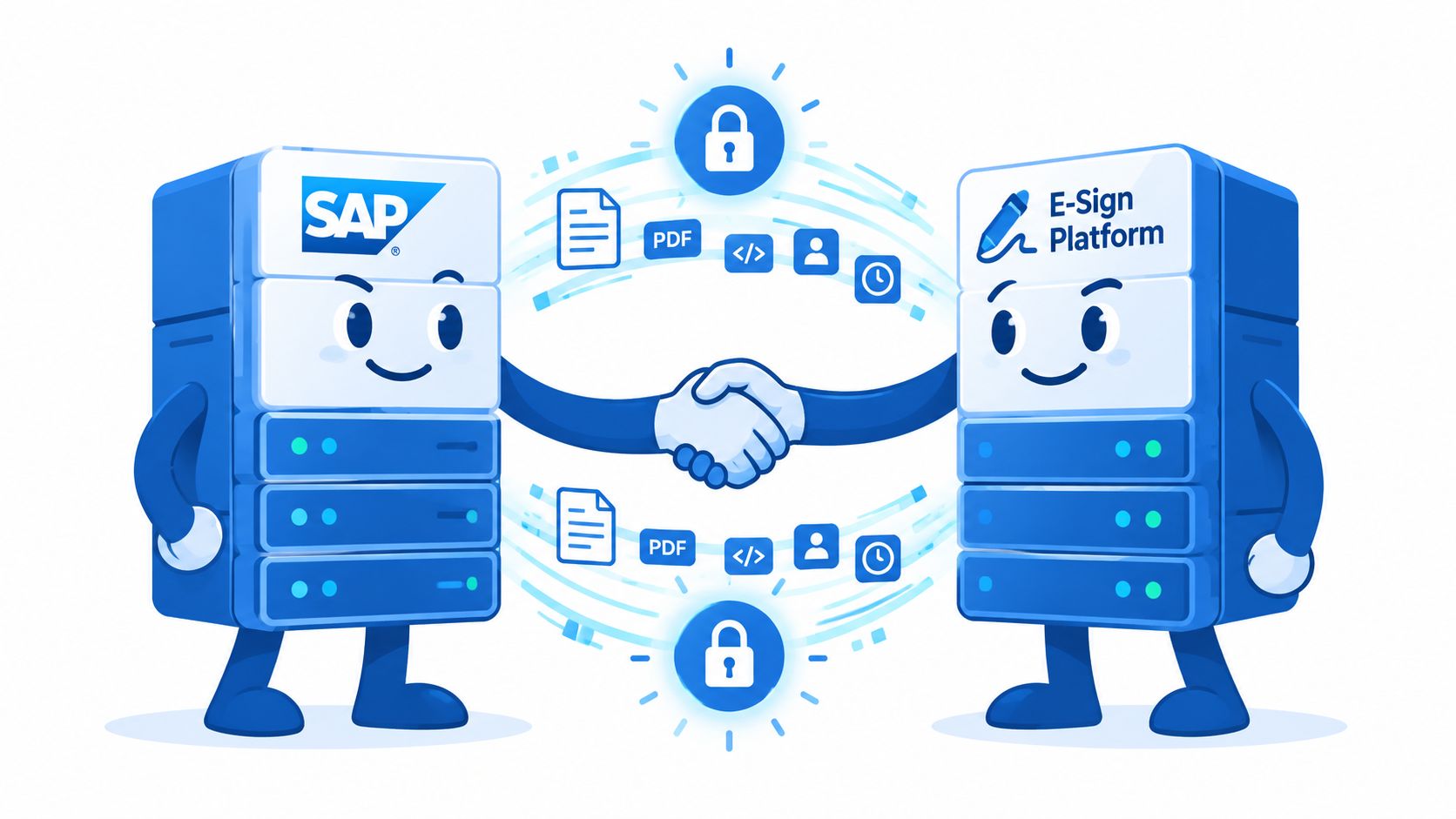 A friendly illustration showing SAP and an E-Sign platform server characters shaking hands in digital integration.