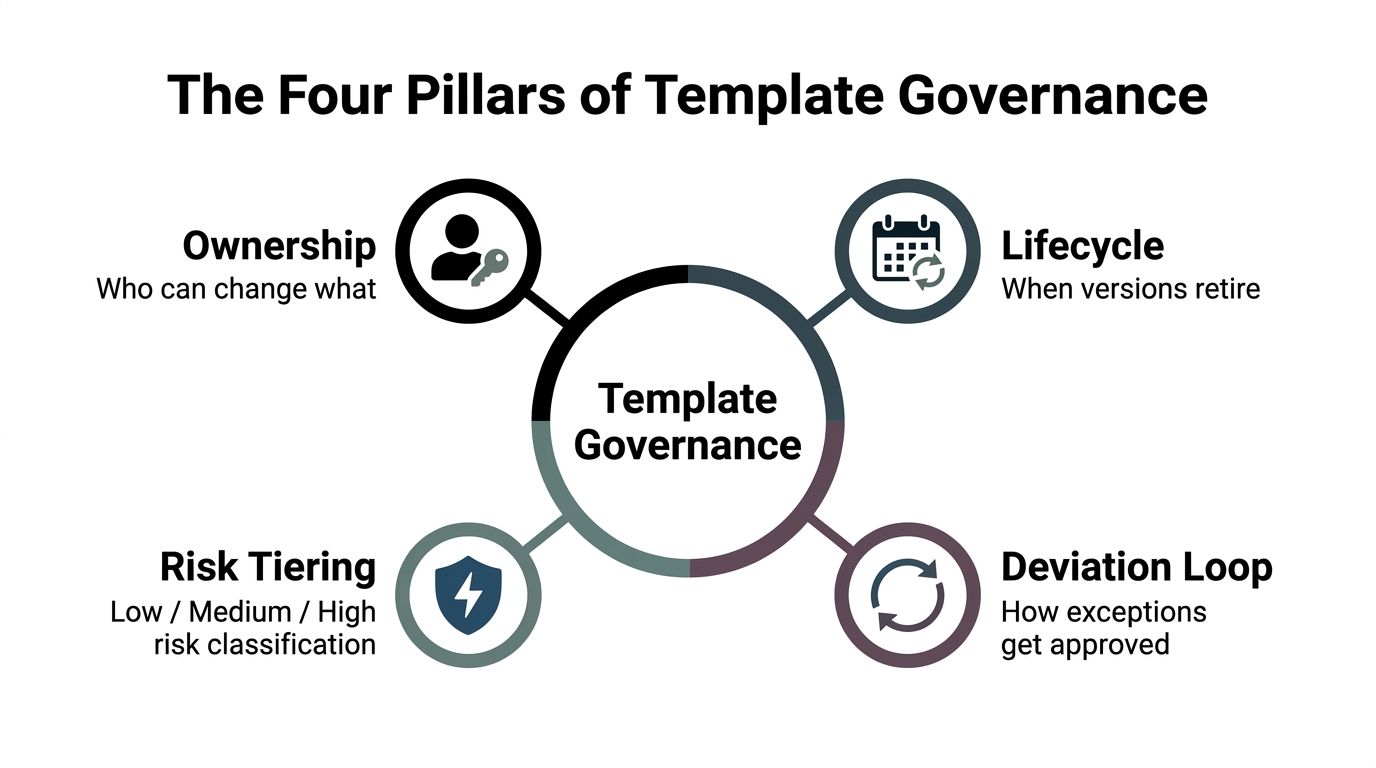 A diagram illustrating the four pillars of template governance: ownership, lifecycle, risk tiering, and deviation loop.