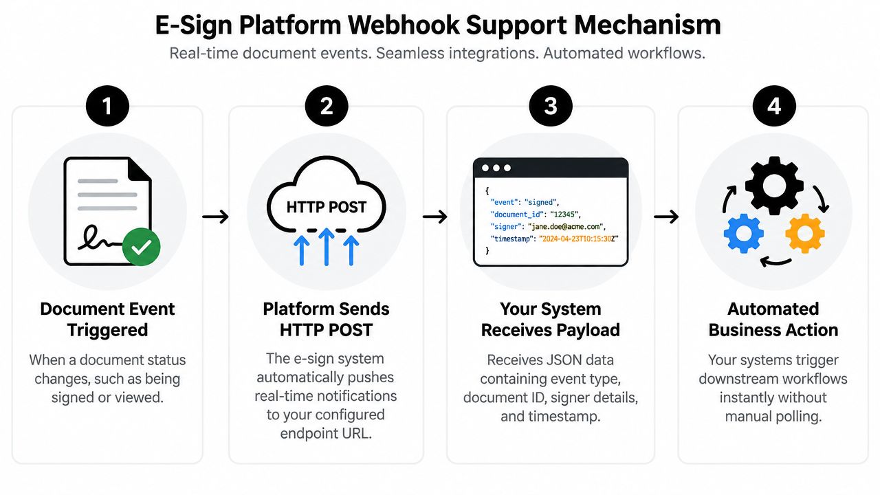 A four-step diagram explaining how an e-sign platform webhook triggers automated business actions upon document events.