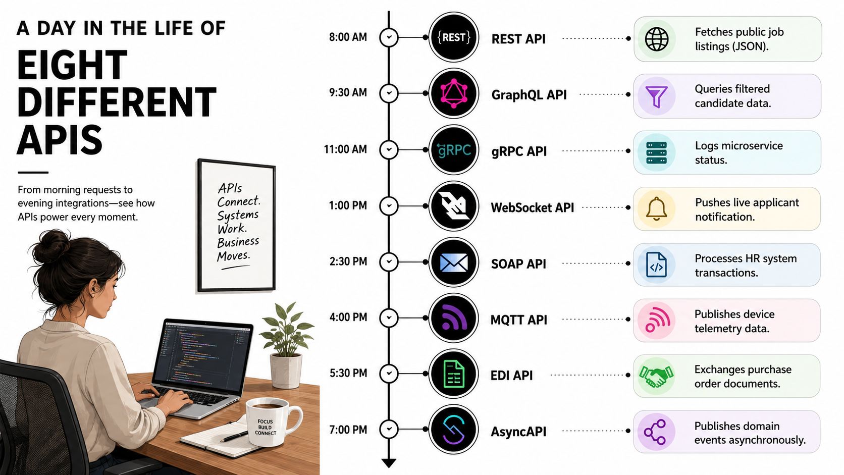 An infographic detailing a daily schedule of eight different API types and their functions in business operations.