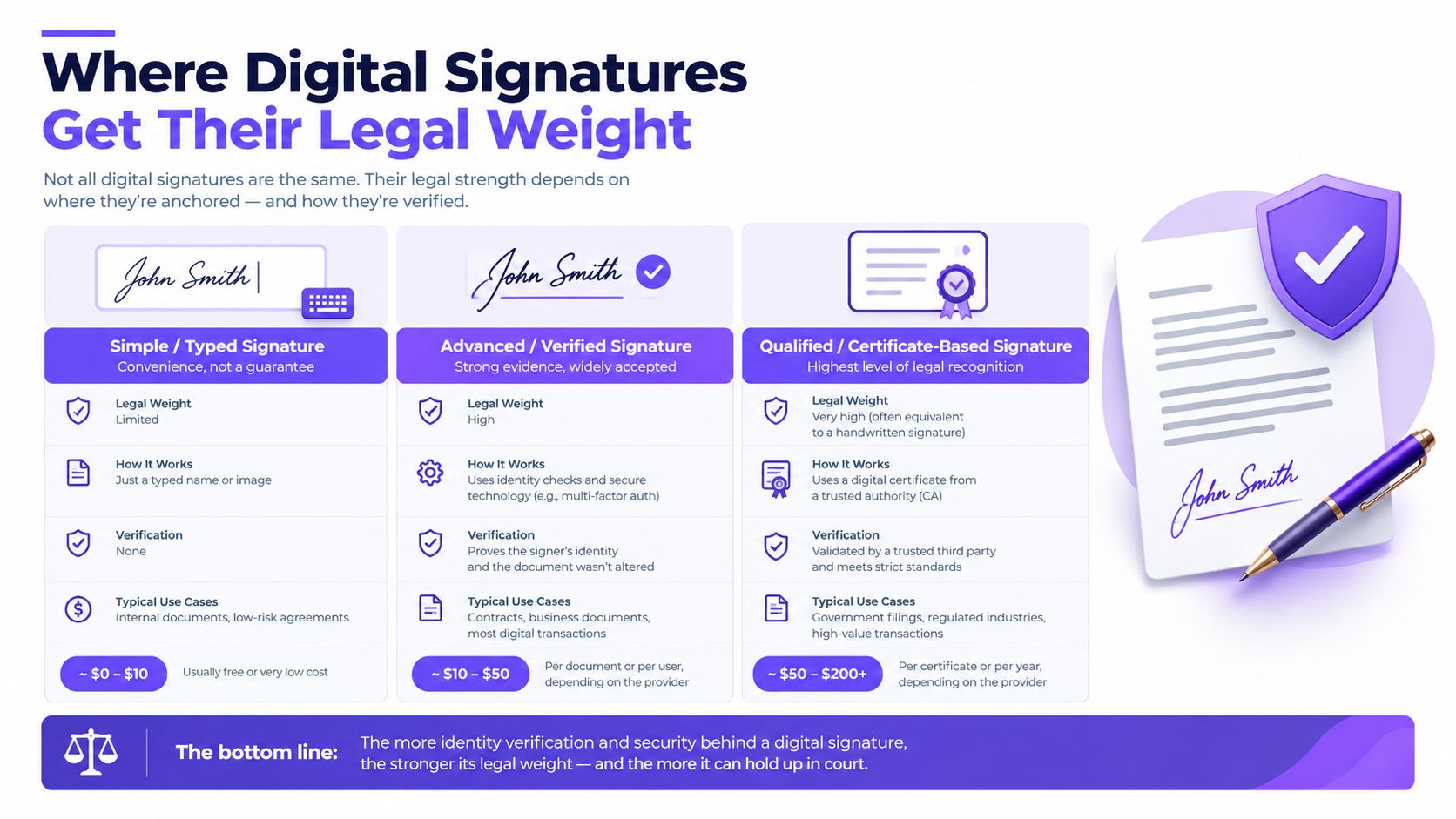 A comparison chart explaining the three different types of digital signatures and their associated legal weight.