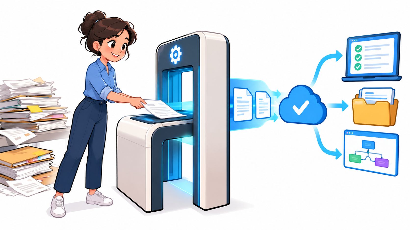 An illustration showing a woman digitizing paper documents using a scanner to process files into the cloud.