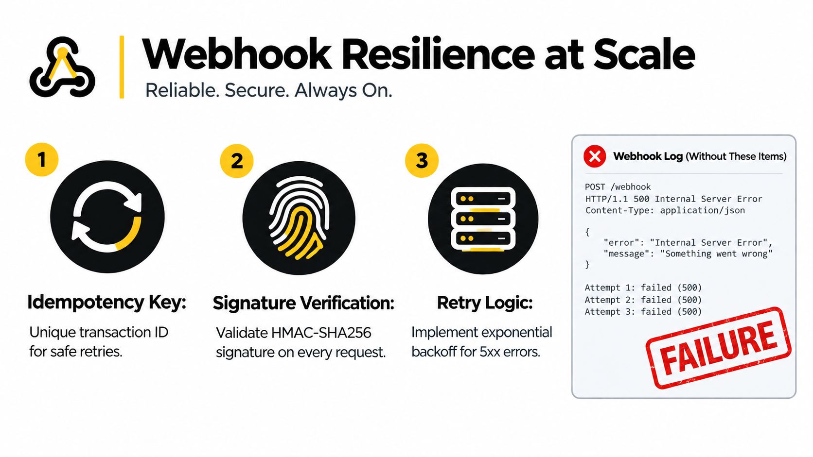 An infographic showing three essential components for building resilient webhooks: idempotency keys, signature verification, and retry logic.