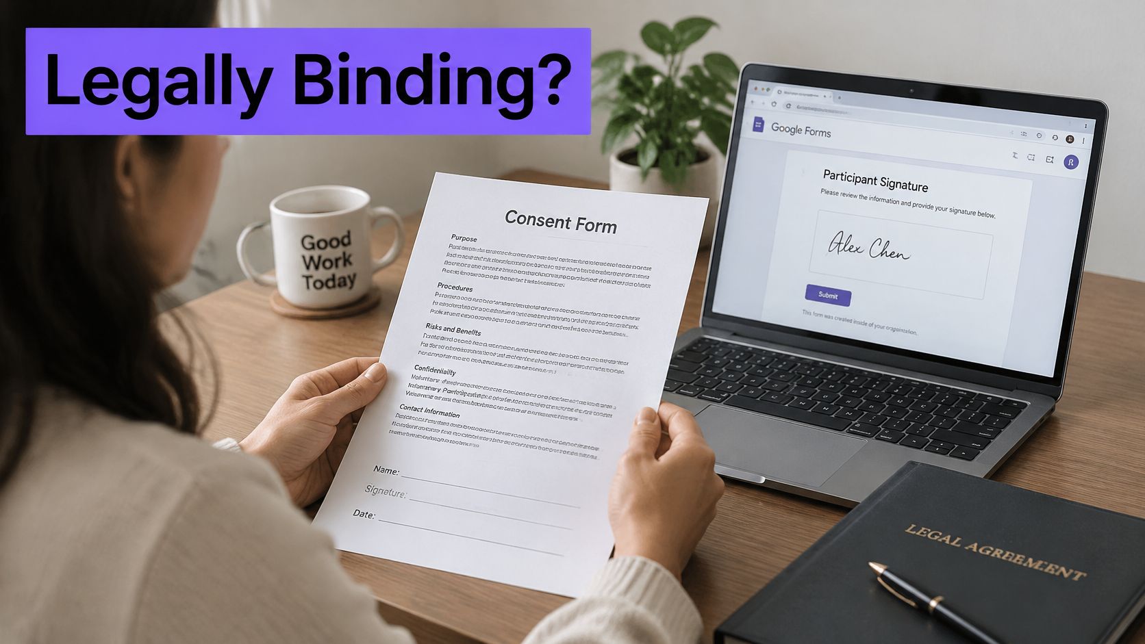 A person holding a physical consent form while viewing a digital signature on a laptop screen.