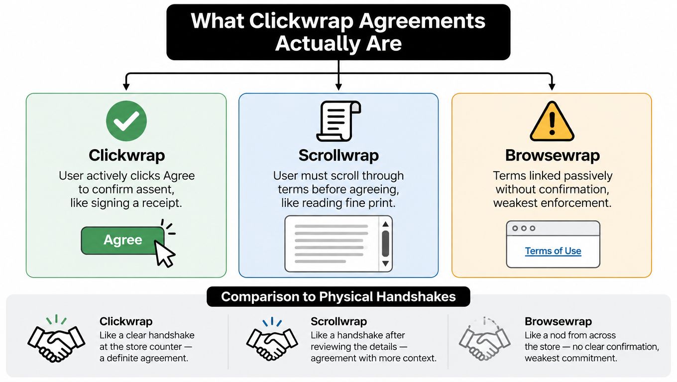 A diagram comparing clickwrap, scrollwrap, and browsewrap agreements, illustrating their enforcement levels and analogies to physical handshakes.