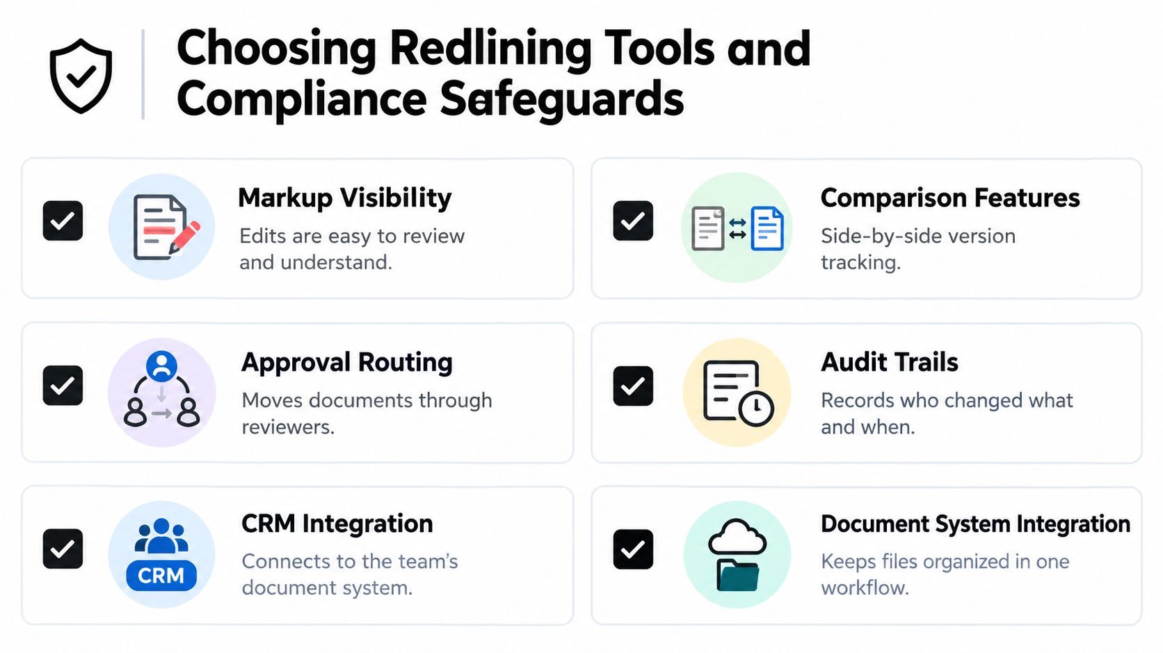 A list titled Choosing Redlining Tools and Compliance Safeguards, highlighting six essential document review and management features.