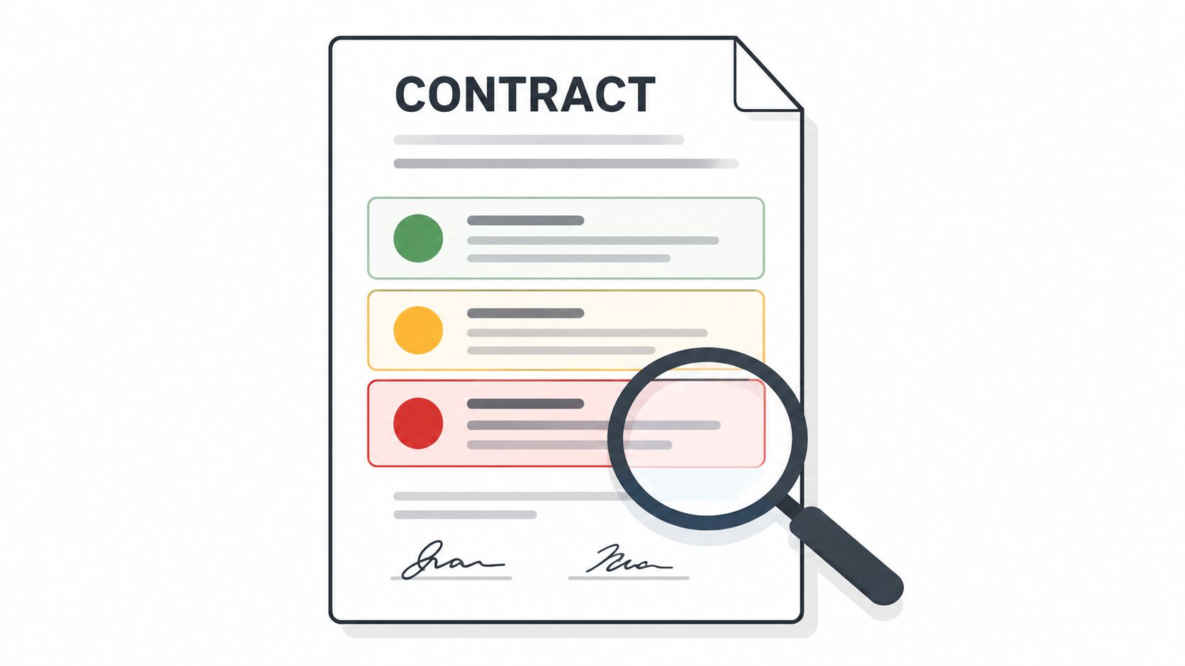 A digital contract document being examined with a magnifying glass to highlight potential issues or clauses.