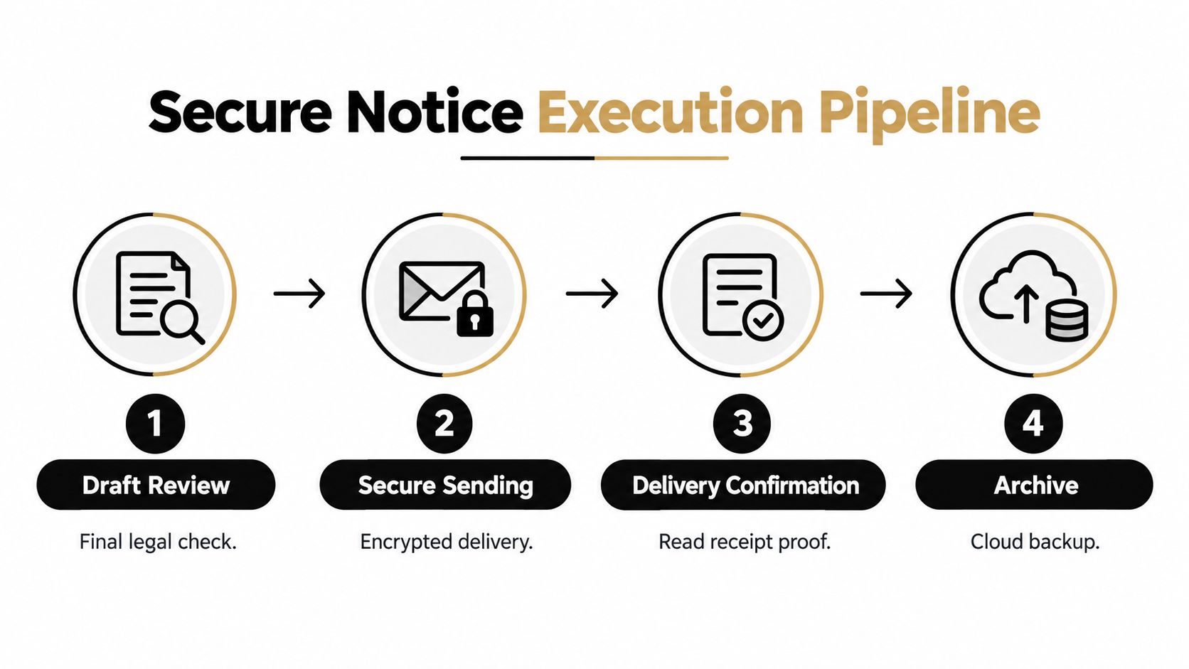 A four-step flow chart illustrating the secure notice execution pipeline process from drafting to cloud archiving.