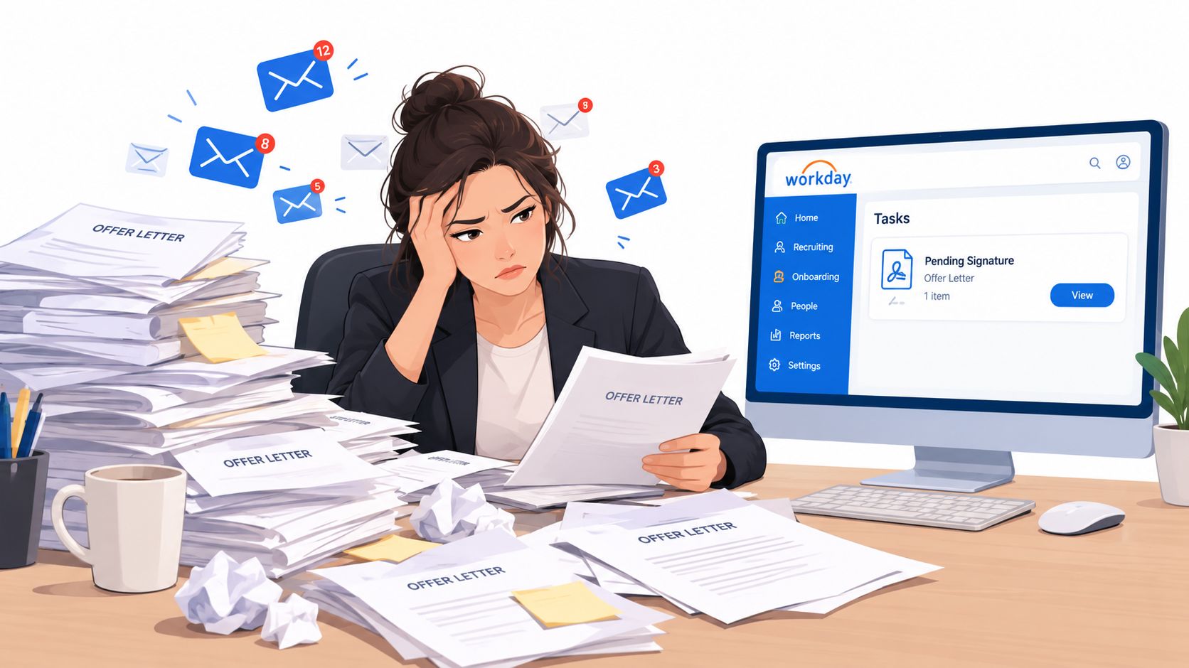 A stressed woman overwhelmed by piles of paperwork and digital notifications while using Workday on her computer.