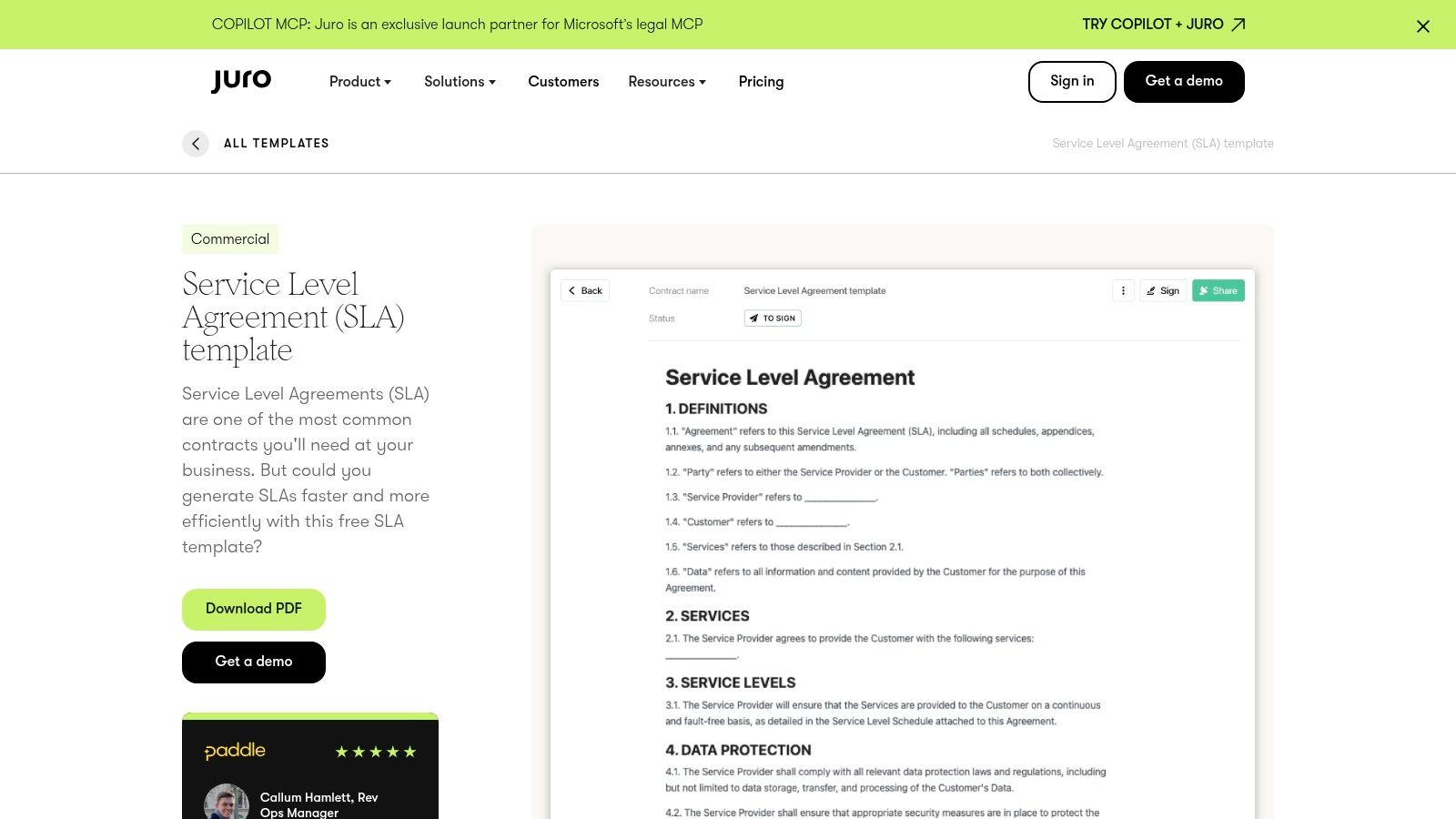 Juro Free Service Level Agreement Template