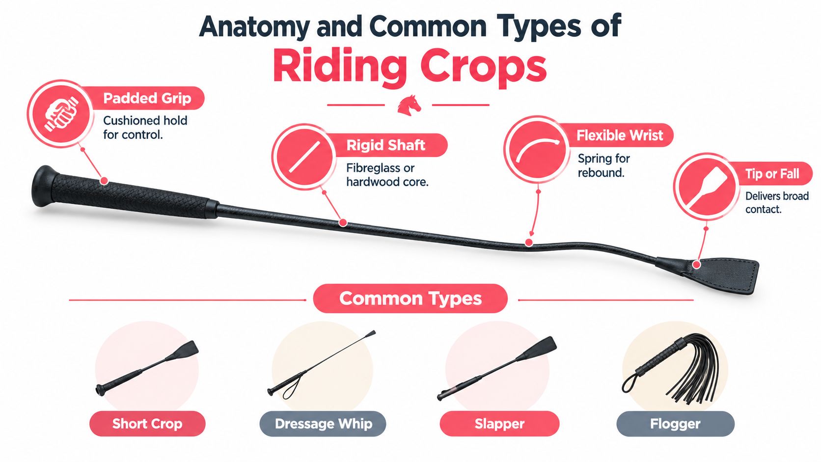 An infographic showing the anatomy parts of a riding crop and listing various common crop types.