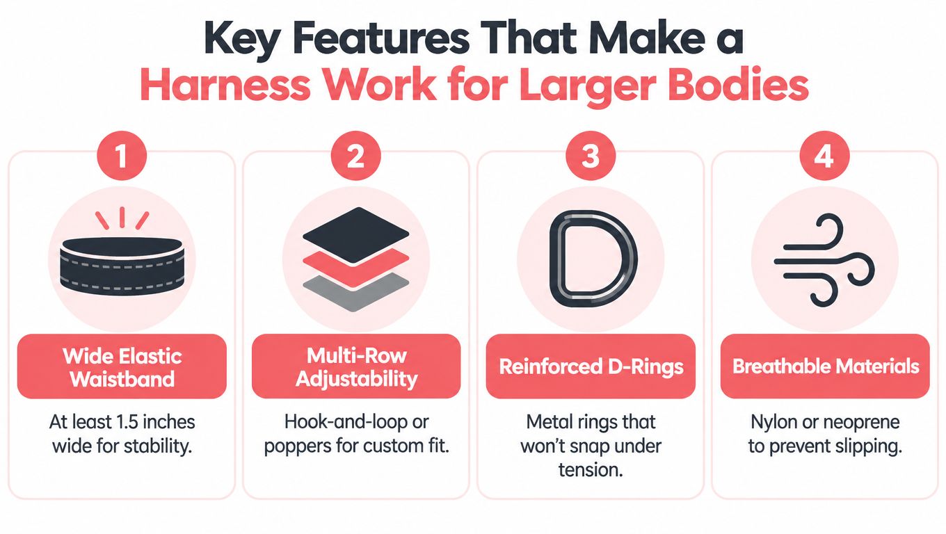 An infographic detailing four essential design features for harness accessibility and comfort for larger body types.