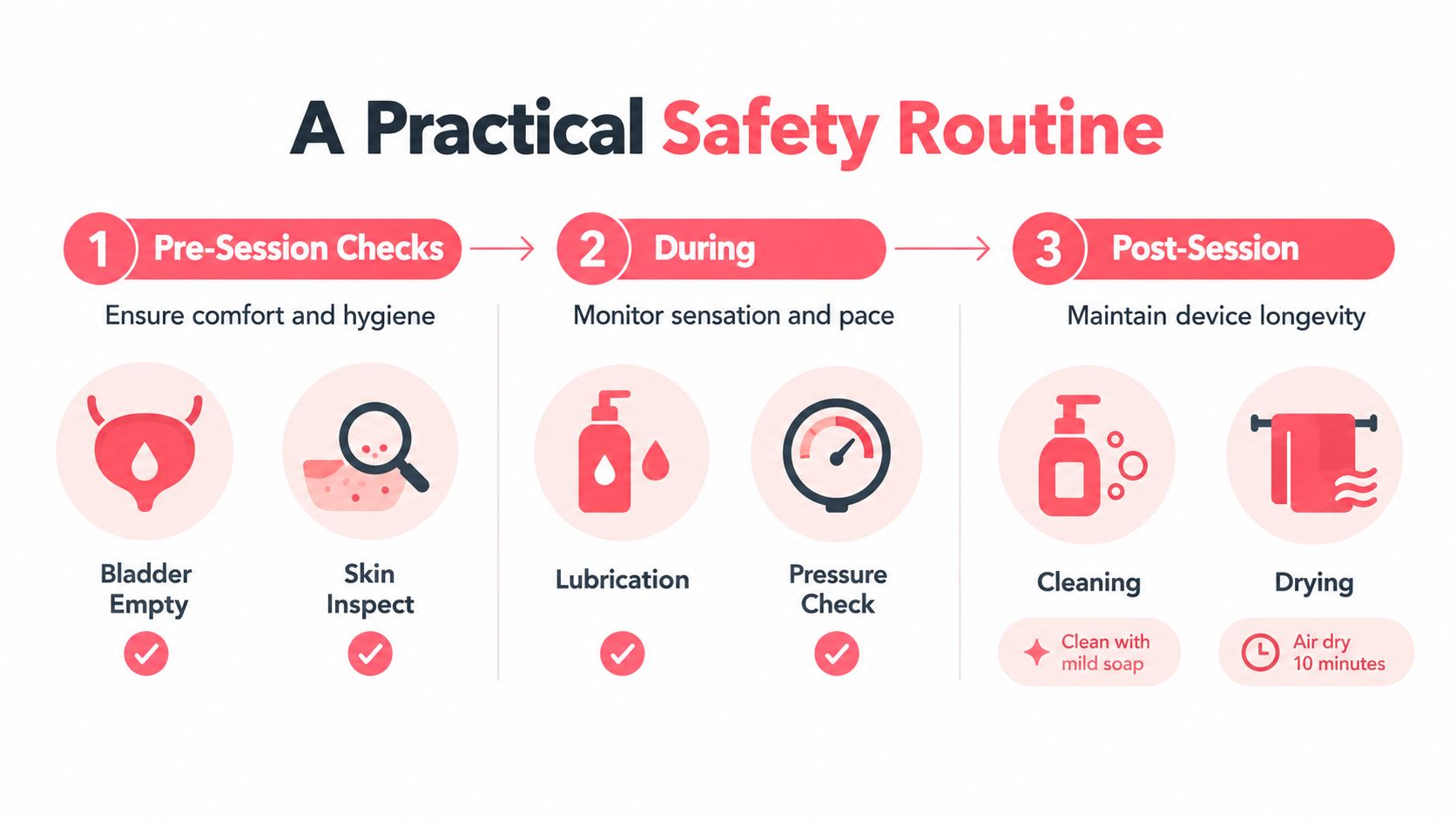 An infographic titled A Practical Safety Routine detailing three steps for using intimate wellness devices safely.