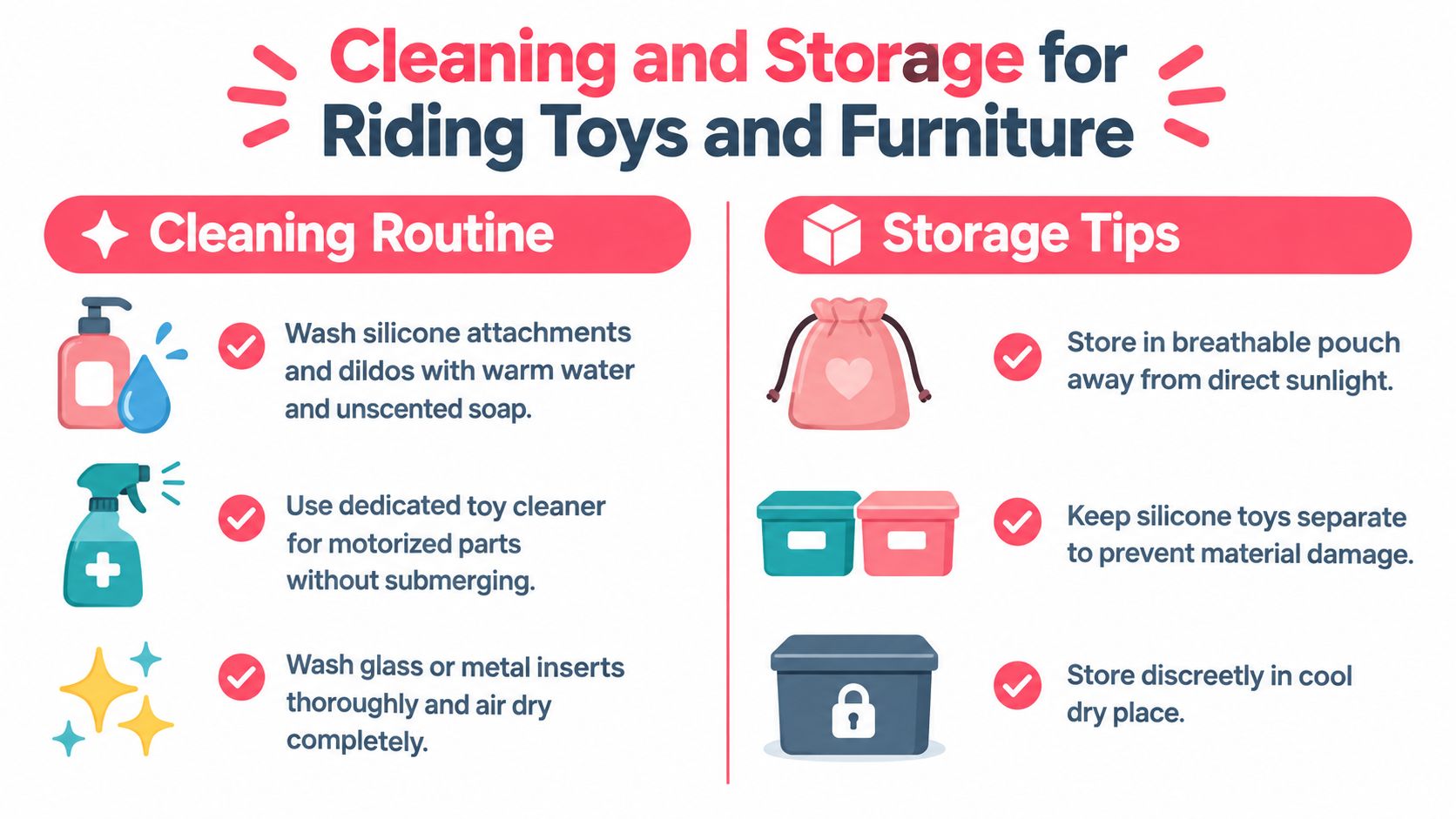 An instructional infographic detailing the proper cleaning and storage routine for silicone sex toys and accessories.