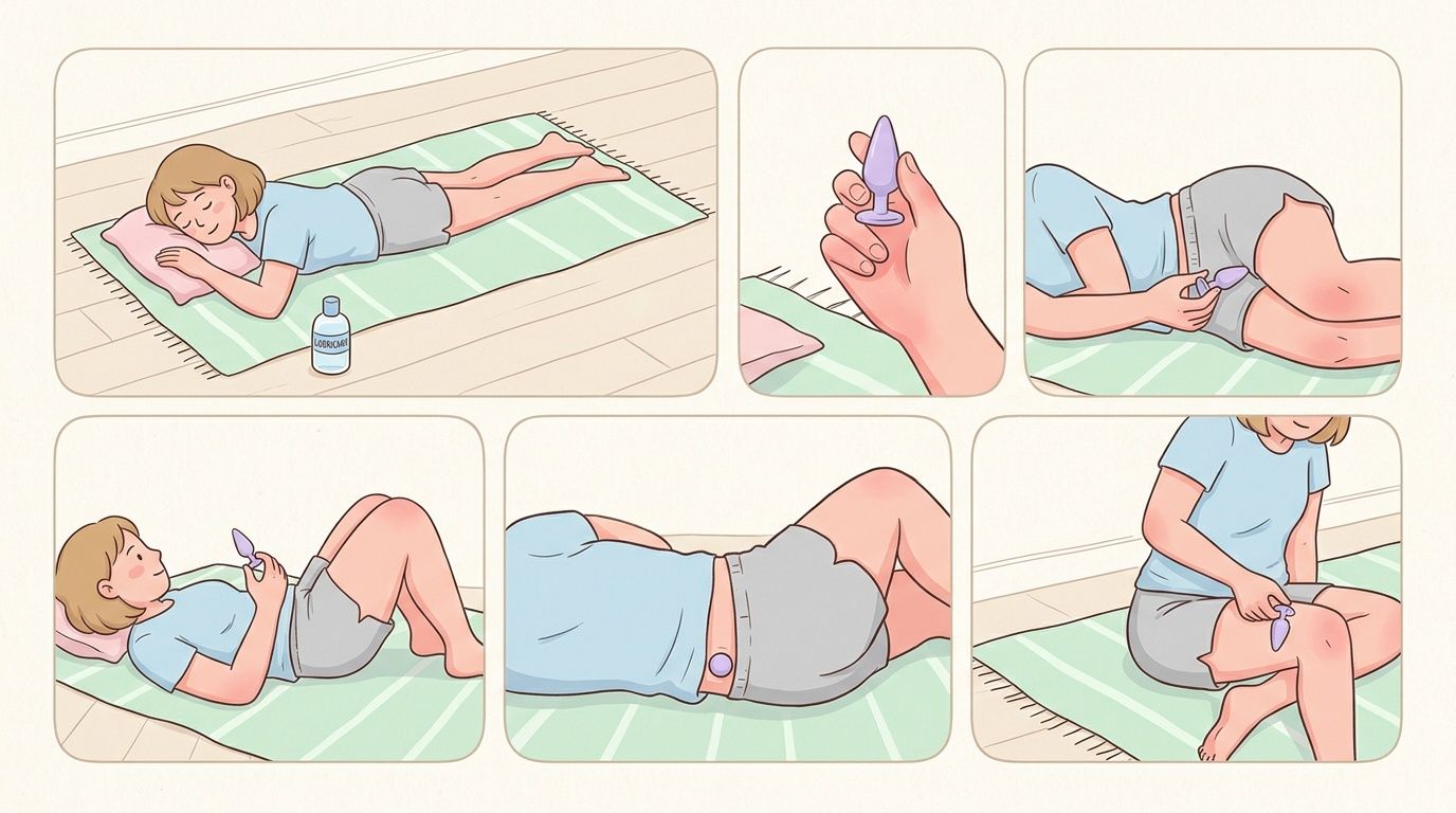 A series of instructional illustrations showing how to comfortably use a small purple butt plug at home.