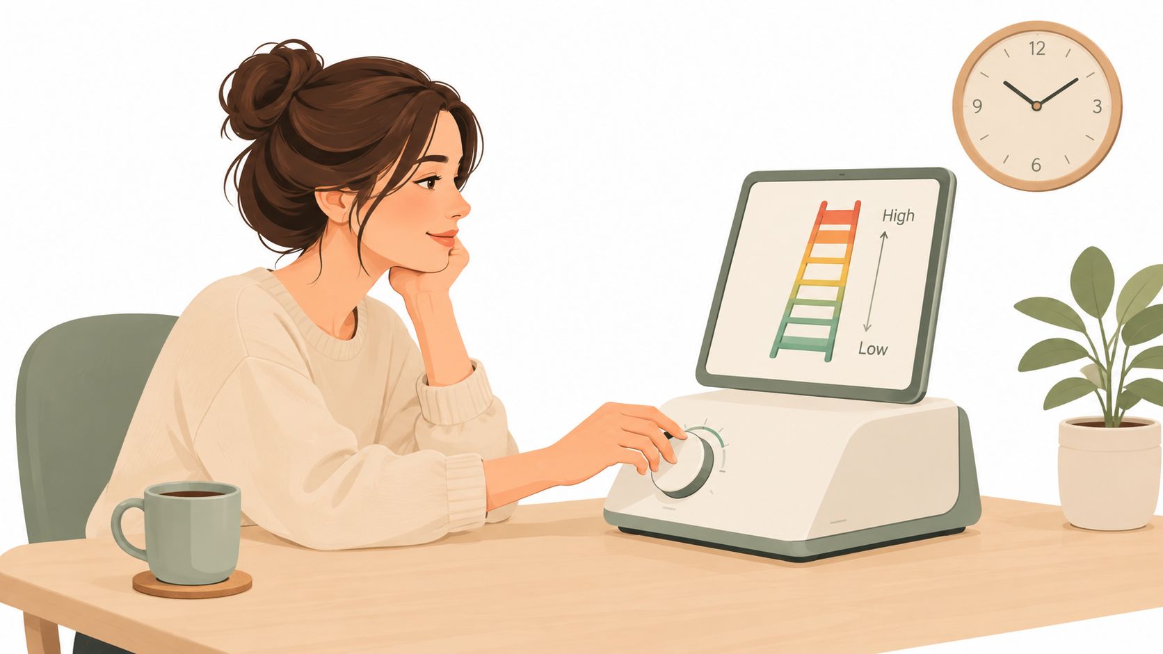 A woman sits at a desk adjusting a control knob on a device showing a ladder diagram.