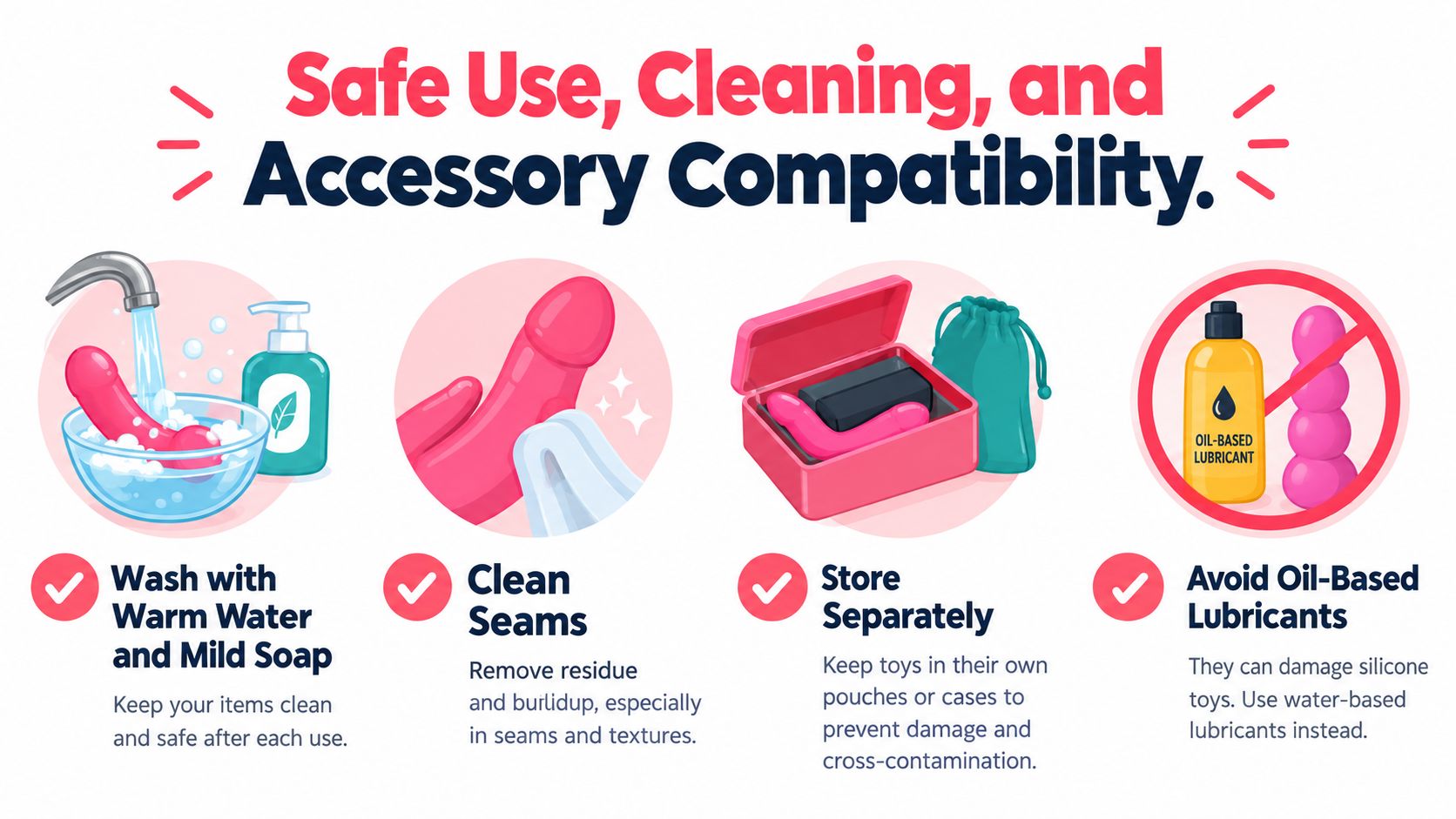 A helpful infographic illustration showing safe use, cleaning, and storage tips for silicone personal items.